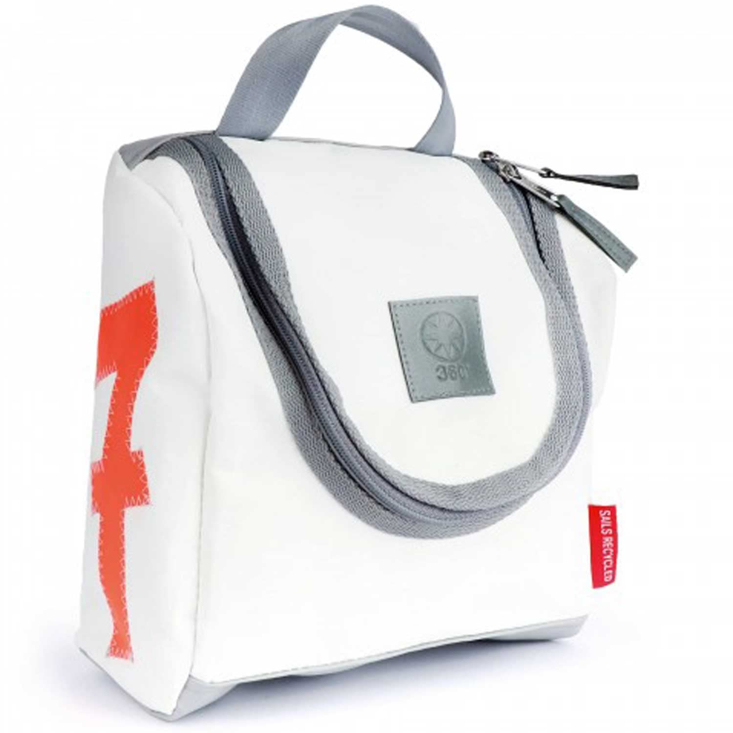 360 Grad Kulturtasche, Waschbeutel, Matrose XL aus Segeltuch, weiß, Zahl neon orange, Gurt dunkelgrau