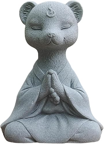 livelyfish Estatua de zorro de Buda meditando, acuario, estatua zen, estatua de yoga, figuras de animales, escultura de piedra arenisca para pecera,