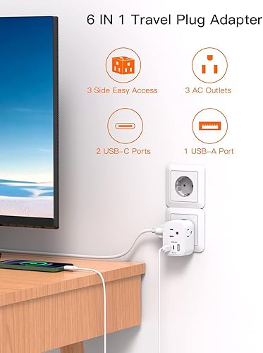 Miniatura 2 de Paquete de 2 Adaptador de enchufe de viaje europeo adaptador de enchufe internacional con 3 tomacorrientes 3 puertos de carga USB 2 USB C adaptador