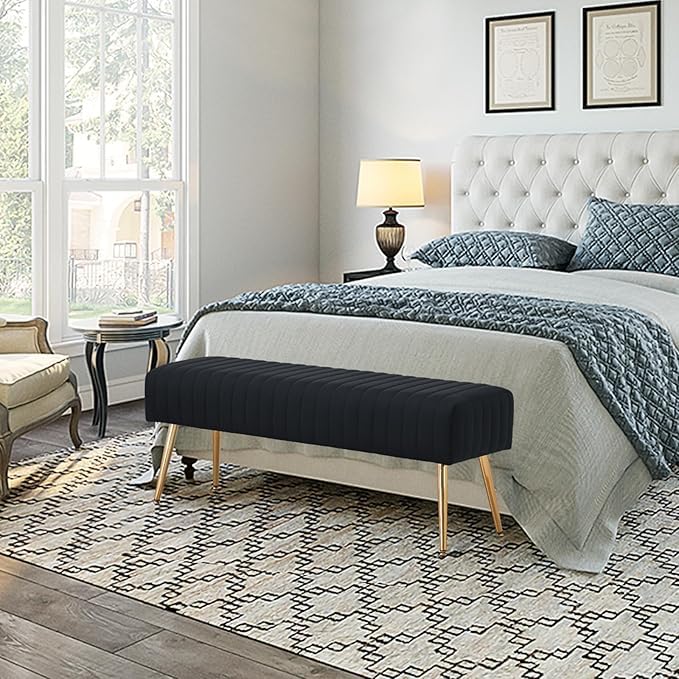 Image of Modern Velvet 2 Seater Ottoman | Upholstered Long Ottoman for Bedroom, Living Room, Entryway, Sofa Upholstered or End of Bed Seating | Comfortable Padded Accent Furniture | Velvet Black