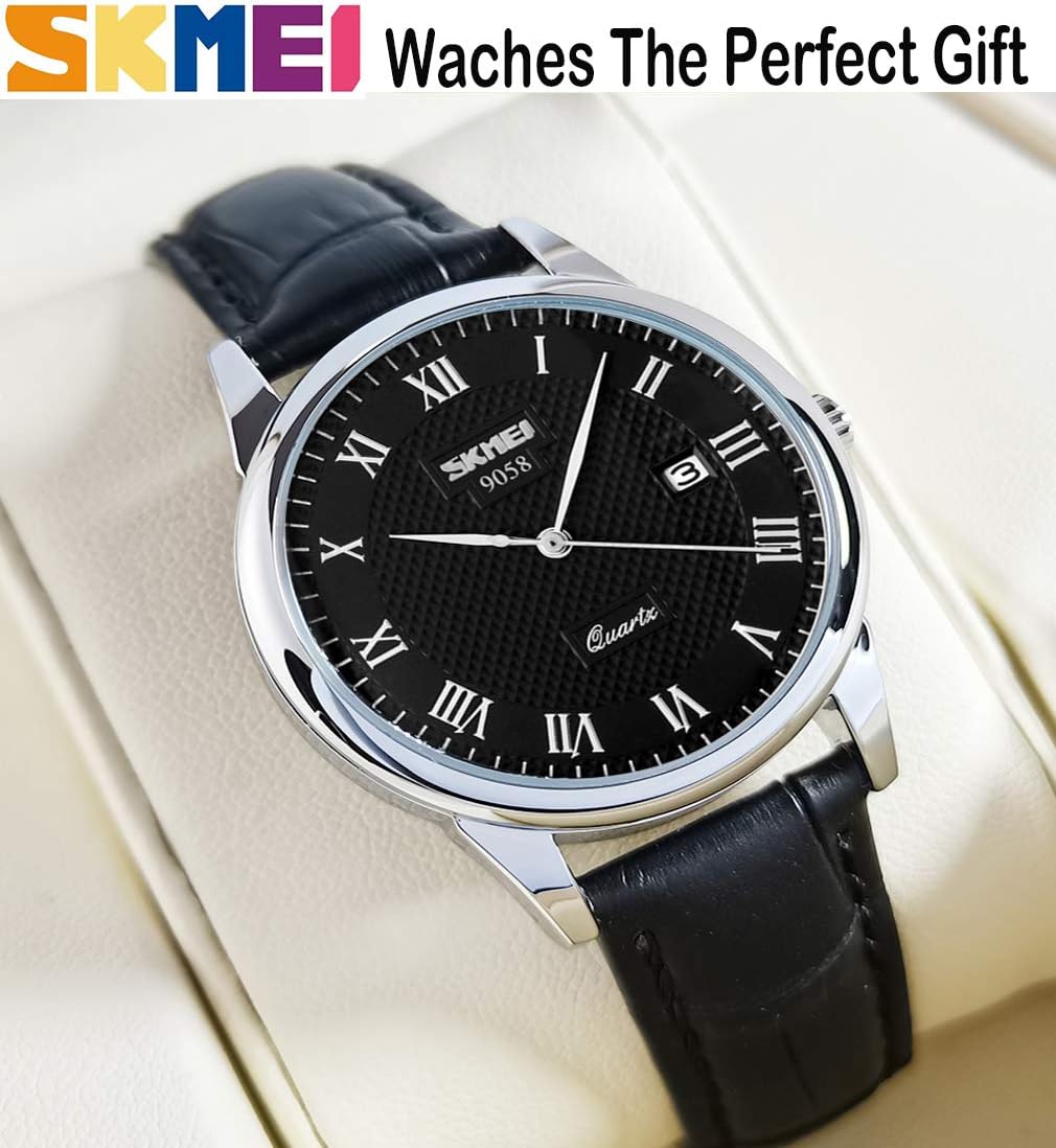 SKMEI Watch for Men Business Dress Classic Fashion Casual Black Leather Quartz Analog Waterproof Calendar Date Light Simple Wrist Watches Dad Fathers Gifts - Image 4