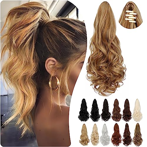 Cephermer Ponytail Extension Claw 18" Long Curly Wavy Clip in Natural Looking Synthetic Hair Extension Ponytail Hairpiece for Women Ash blonde mix Ginger Brown