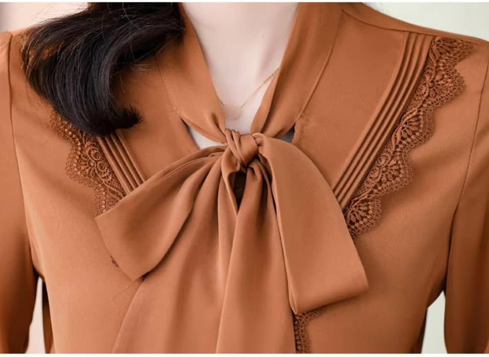 Women's Shirt Elegant Long Sleeve Lace Stitching Bow Lace-Up Blouse Office Lady Top