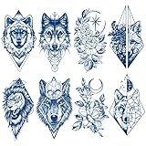 Temporary Tattoos for Women Men, 8-Sheet Semi Permanent Tattoos Stickers, Waterproof and Long Lasting 2 Weeks, Wolf Lion Animal Pattern Dark Blue Classic Style Realistic Fake Tattoos