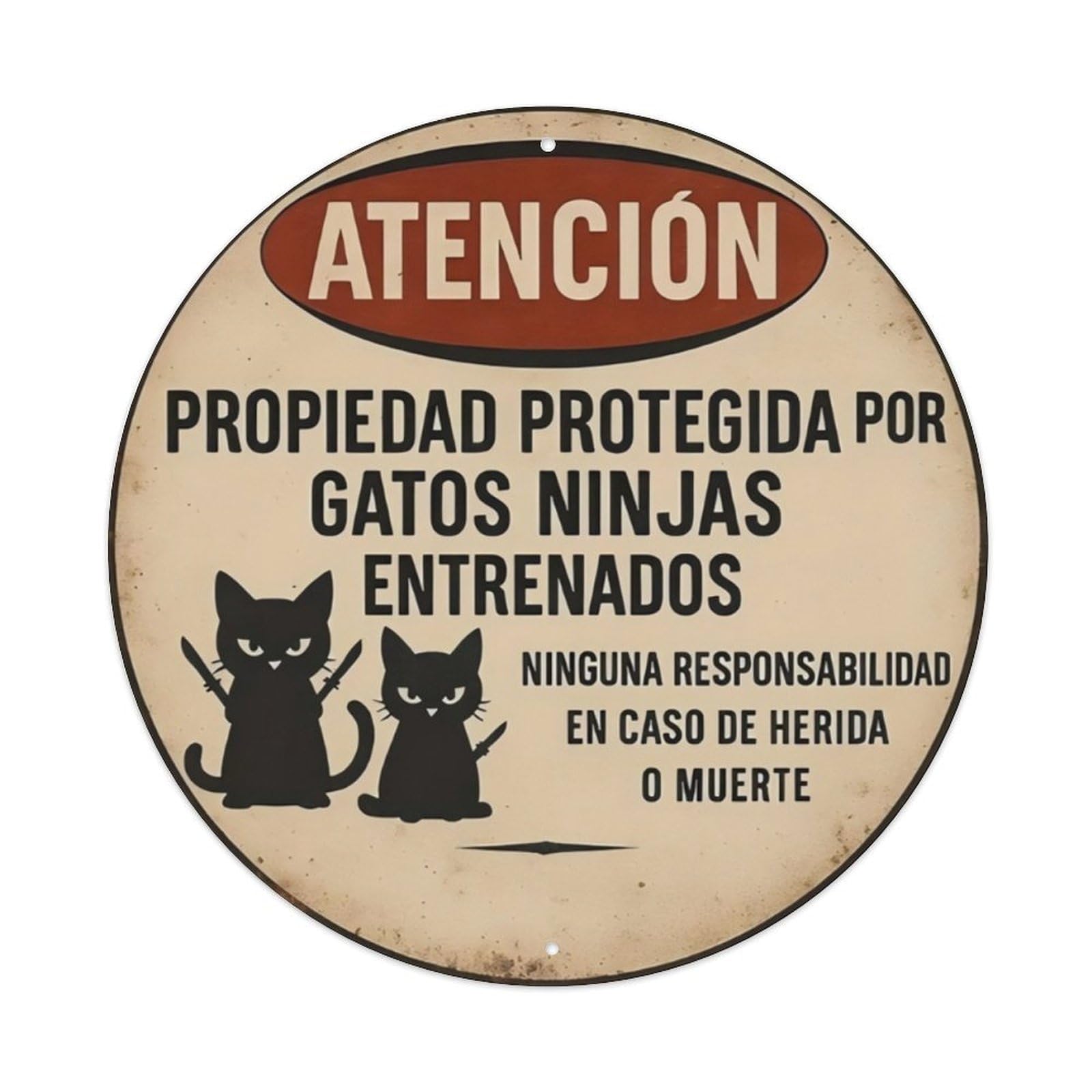 Spanish Ninja Cat Funny Warning Sign Vintage Aluminium Metal Sign, Retro Wall Decor for Home, Bar, Garage & Farmhouse 20x20cm