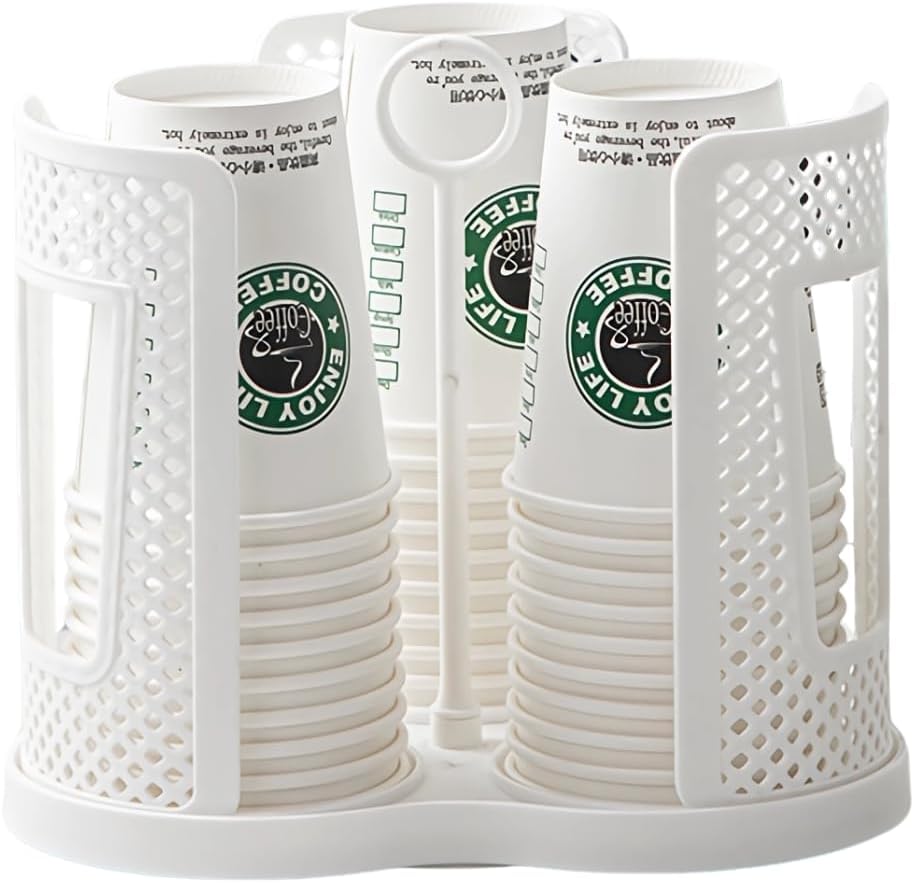 Upgraded Rotatable Coffee Cup Dispenser with 3 Compartments, Atavarna Cups and Lids Holder for 5-18oz Cups Organizer for Restaurant, Coffee Station, Bar, Office, Home-8.85" x 7.68"