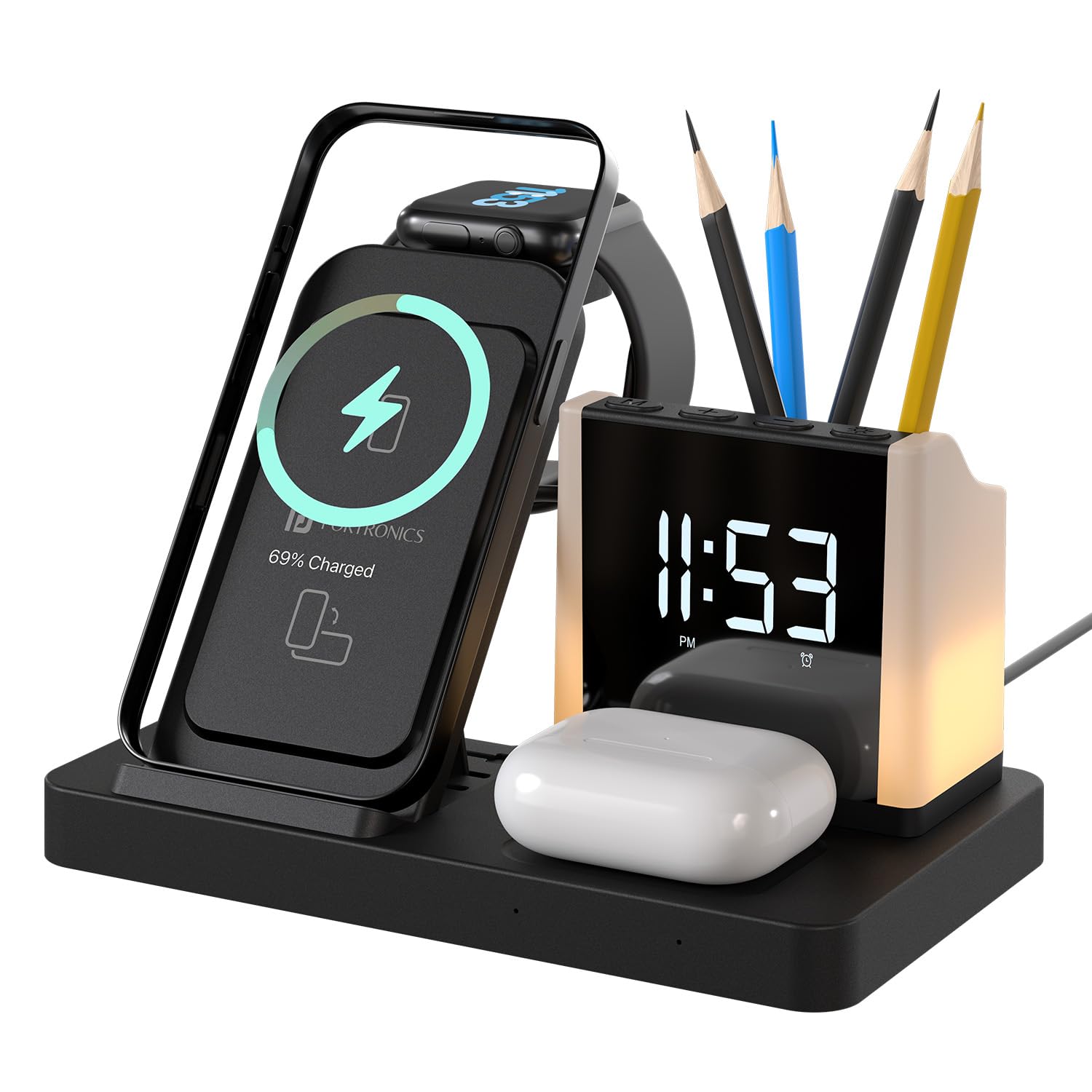 Portronics HexaCharge 6in1 15W Fast Magnetic Wireless Charging for iPhone 15/15 Plus/15 Pro/15 Pro Max,14/14 Plus/14 Pro/14 Pro Max,13/12, Wireless Earbuds & Smartwatches, Pen Stand, LED Lamp (Black) (B0DFTN2KTY) Amazon Price History, Amazon Price Tracker