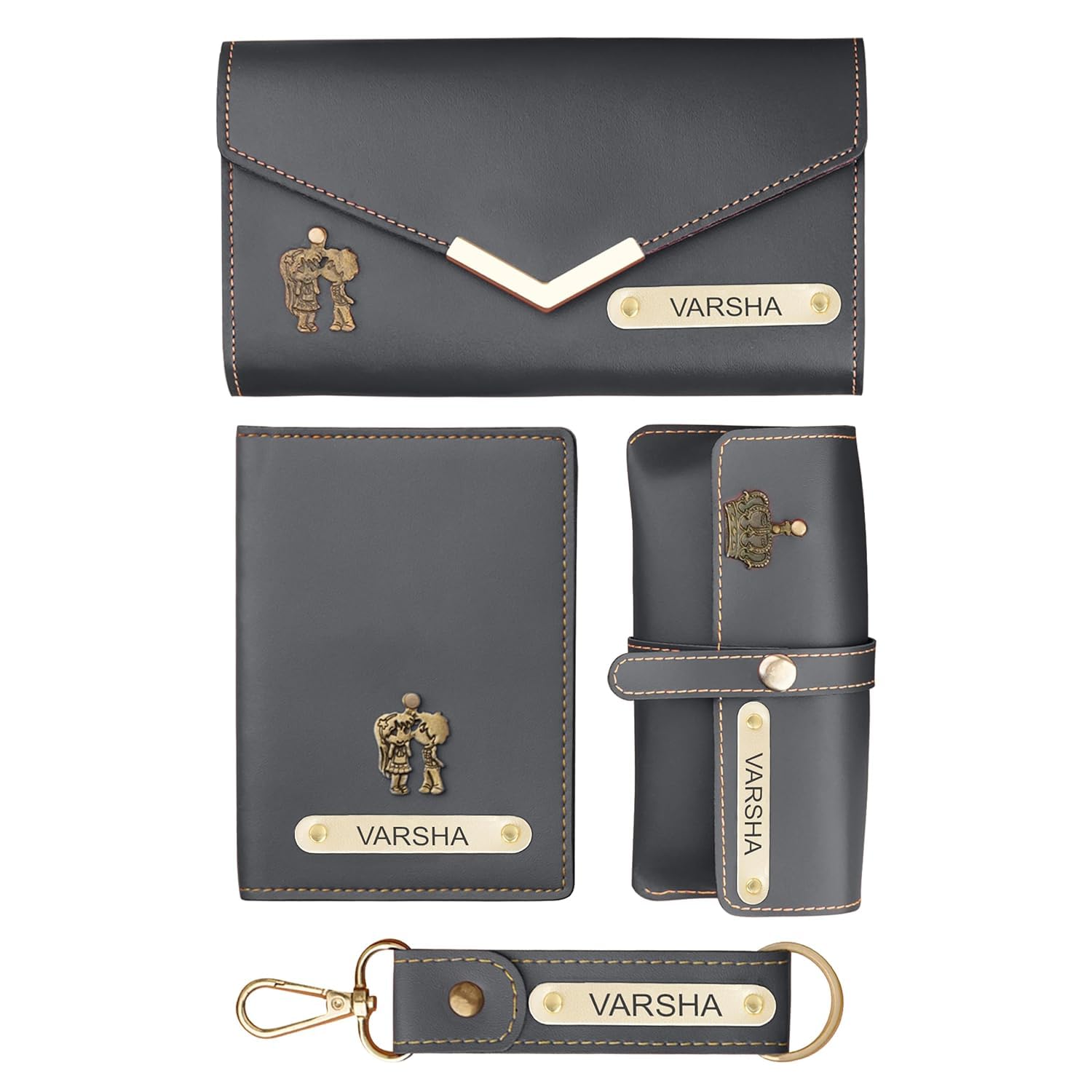 Mahajan Creation Personalized Leather Clutch, Passport Cover, Keychain & Eyewear Case Set | Customizable Gift for Wife, Girlfriend, Sister, or Mother | Stylish Travel Accessories for Women (Grey)-image-24