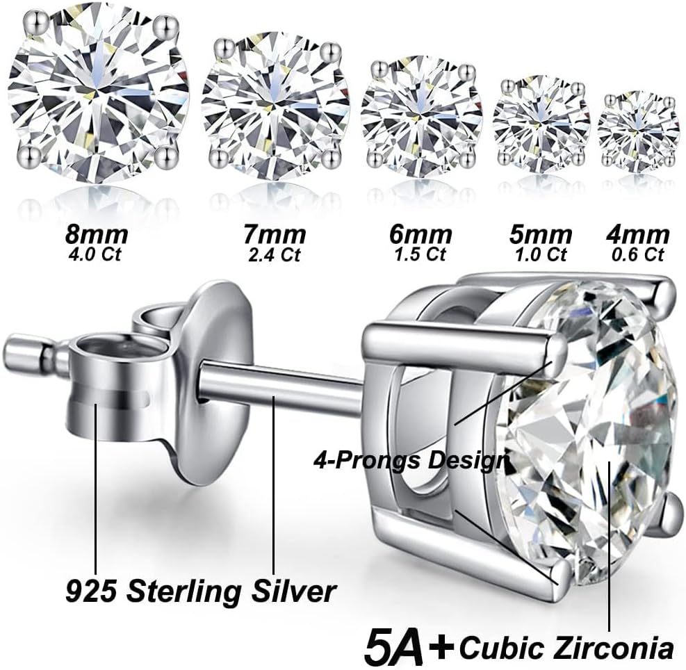 jiamiaoi Sparkly Imitation Diamond Round Stud Earrings 925 Sterling Silver 5A CZ Cubic Zirconia 4mm to 8mm Fashion Jewelry for Women Men - Image 5