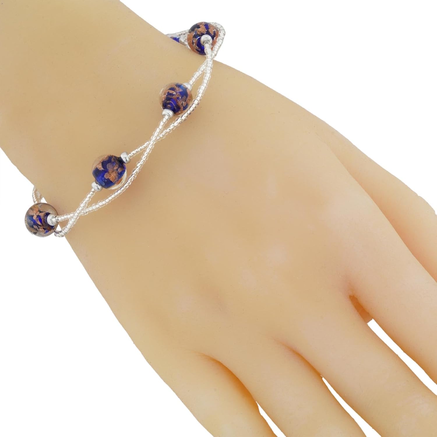 Glass Of Venice Aurora Murano Glass Bracelet Blue Handmade with Italian Sparkling Beads and .925 Sterling Silver-Lined Beads. Made in Venice, Italy of Blown Glass. Murano Glass Bracelets for Women.