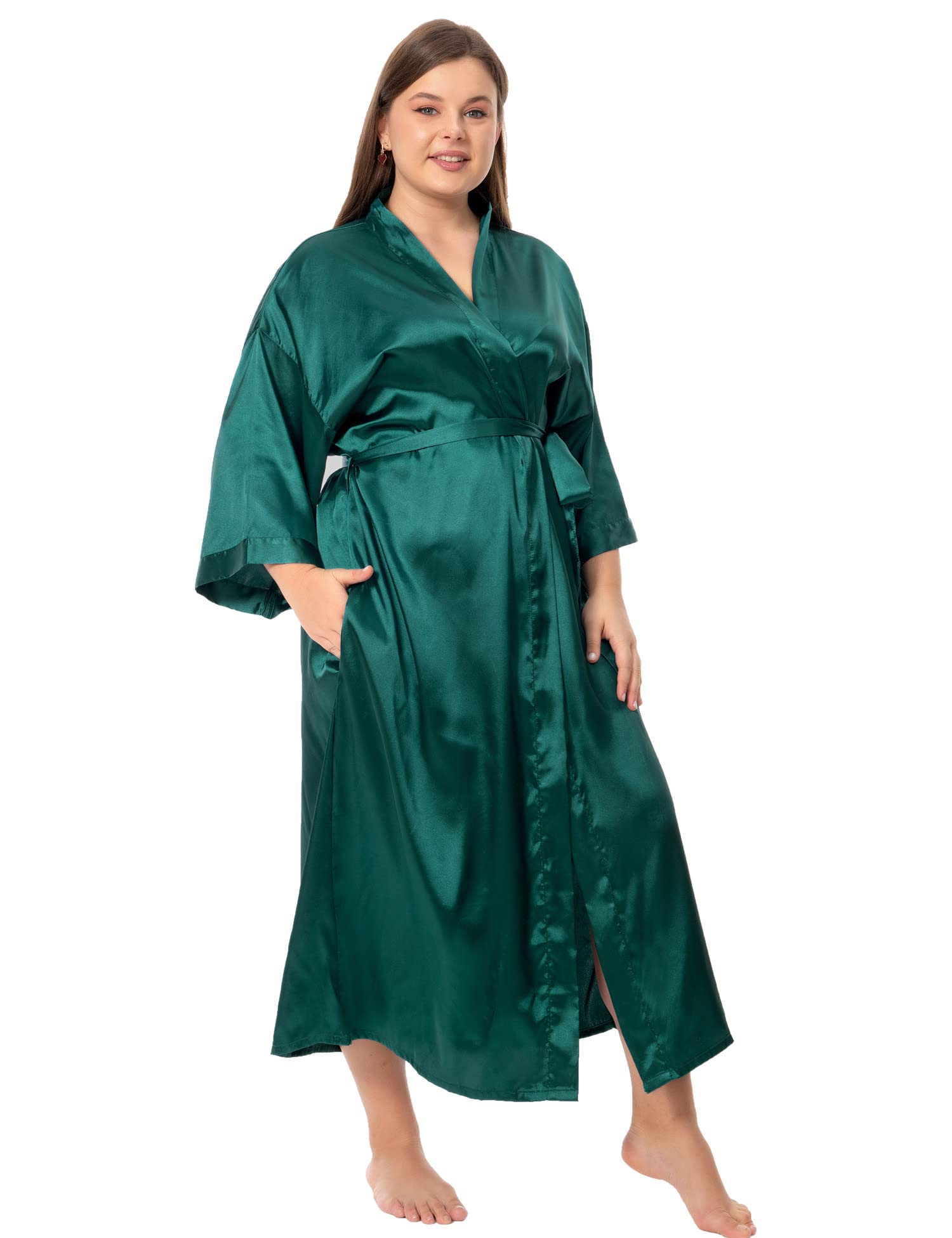Bata larga de satén floral para mujer, talla grande, de seda, kimonos florales de pavo real, ropa de dormir.