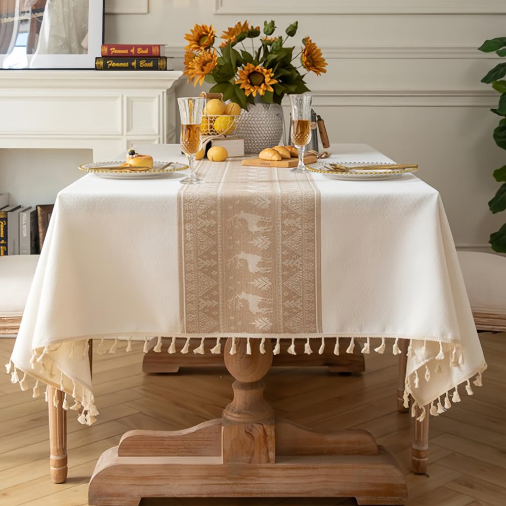 Pahajim Table cloths Rectangular Cotton Linen Tablecloth with Tassel Dust-Proof Washable Table Cover for Kitchen Dinning Outdoor Tabletop Decorations (White,55 x 55 Inch)