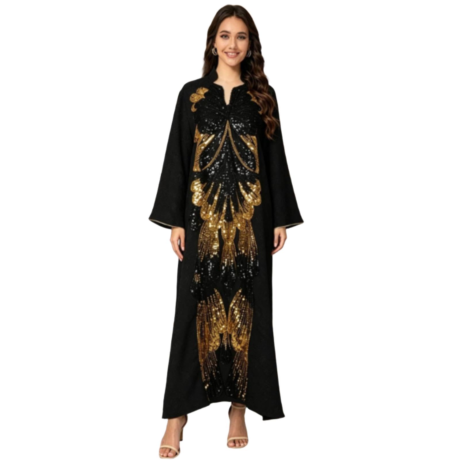 ANTTK - Maxi abito da donna caftano con perline e paillettes ricamate, a