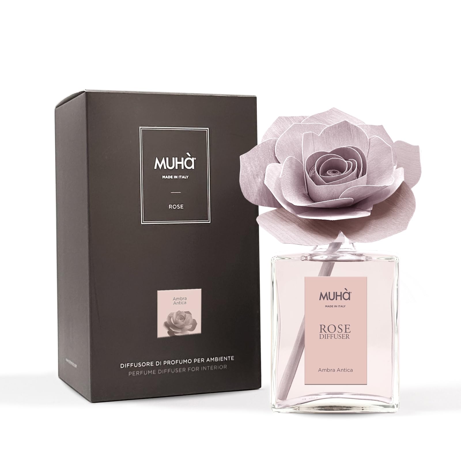 MUHA' | Profumatore per ambiente Rosa Diffuser, Fragranza Ambra Antica, Diffusore Ambiente con Rosa in Legno di Betulla, Formato da 200 ml