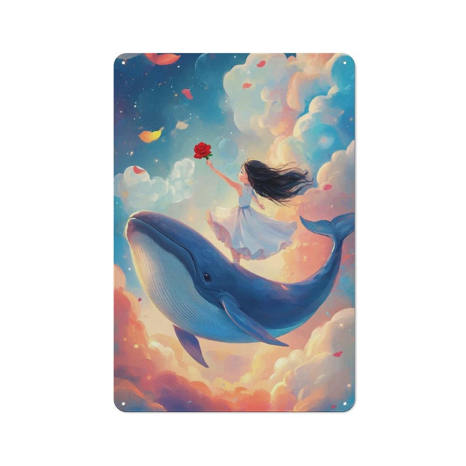 Junmoney Girls On Whale In Sky Metal Wall Sign 30X20cm, Rustic Decor For Home Bar Wall, Gift Idea At Christmas For Hosts Who Enjoy Retro Interiors