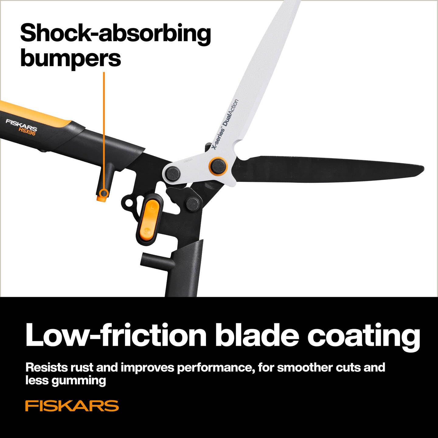Fiskars X-series DualAction Tijeras cortasetos HSX96, Modo 2en1 para cortes rápidos o potentes, Cuchillas de acero con revestimiento antiadherente/Mangos FiberComp, Negro/Naranja, 1080134