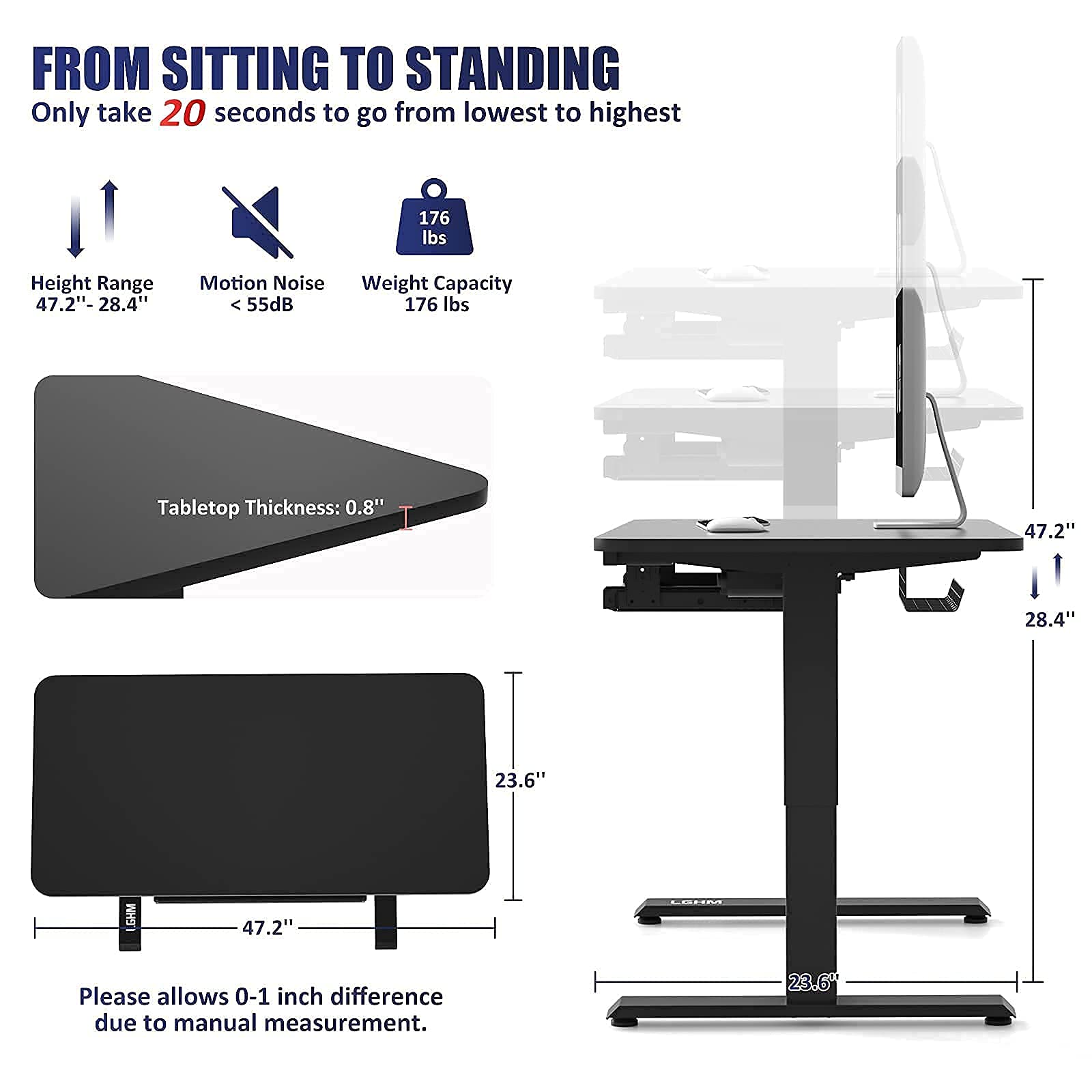 Height Adjustable Desk, Electric Standing Desk with Solid OnePiece
