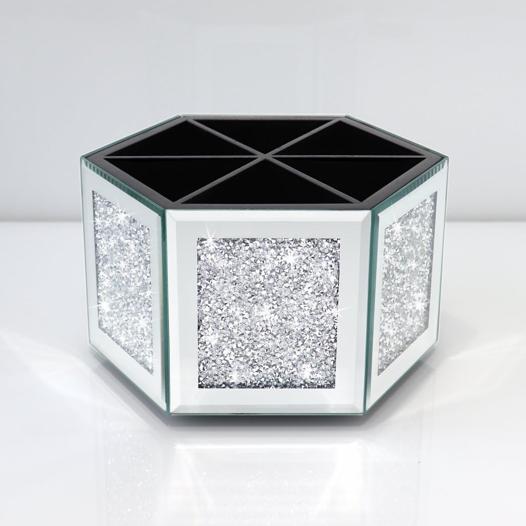 VOHJD Rotatable Multifunctional Jewelry Utensil Holder Hexagon Jewelry Make up Organizer Cups Crush Diamond Mirror Decor, brush/office pen cup holder Eyeliners Display Case for Vanity