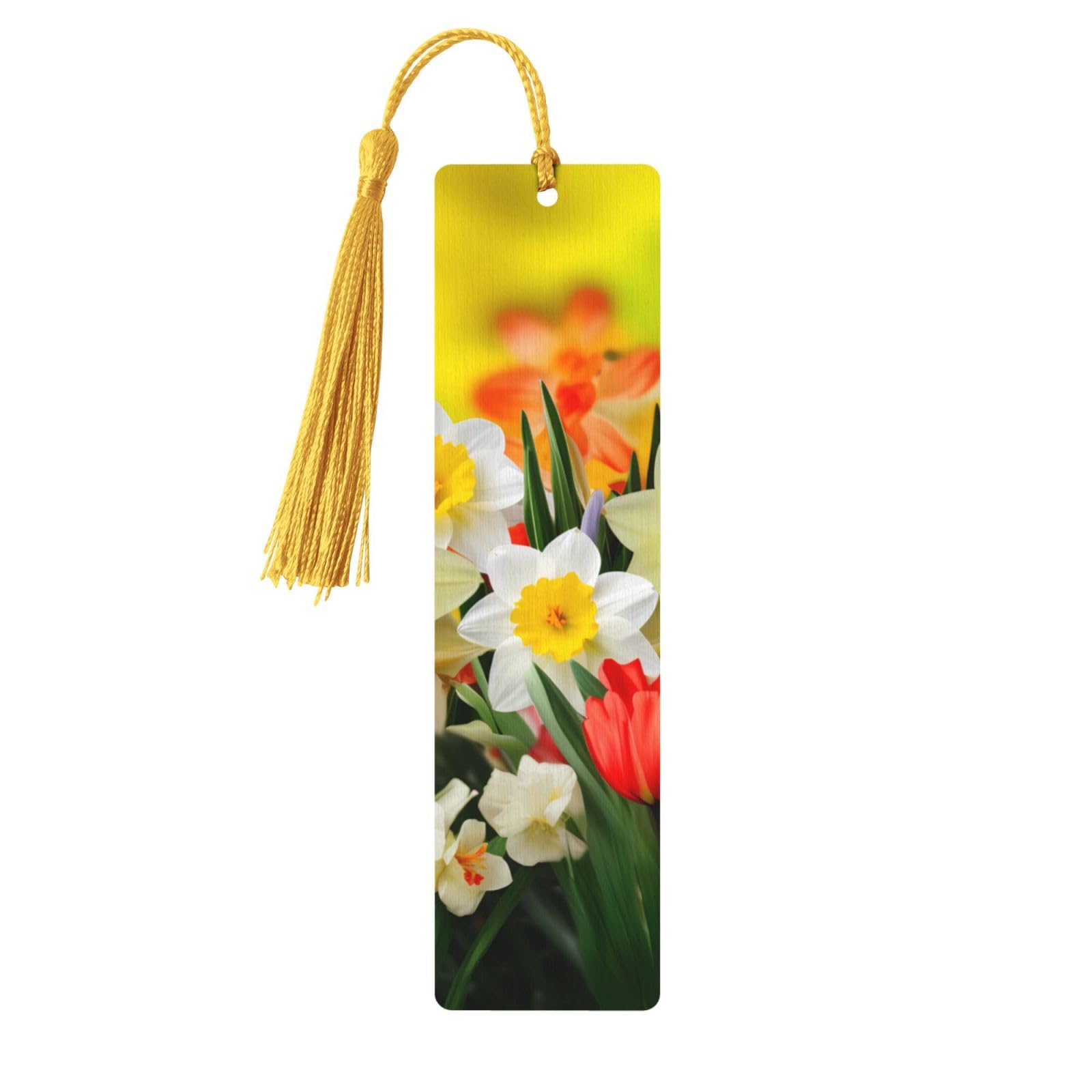 Spring Flower Double-Sided Print Spring Flower Bookmarks Wooden Book Marks with Gold Tassel, Colorful Tulip Floral Lightweight Page Markers Book Lovers Gifts