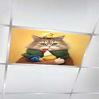 6 Pcs Fluorescent Light Covers for Ceiling Lights Cat Green Scarf Holding Rooster Yellow Chick Its Head Magnetic Decorative Shade Filters 4x2 ft for Classroom Office Hospital Decor
