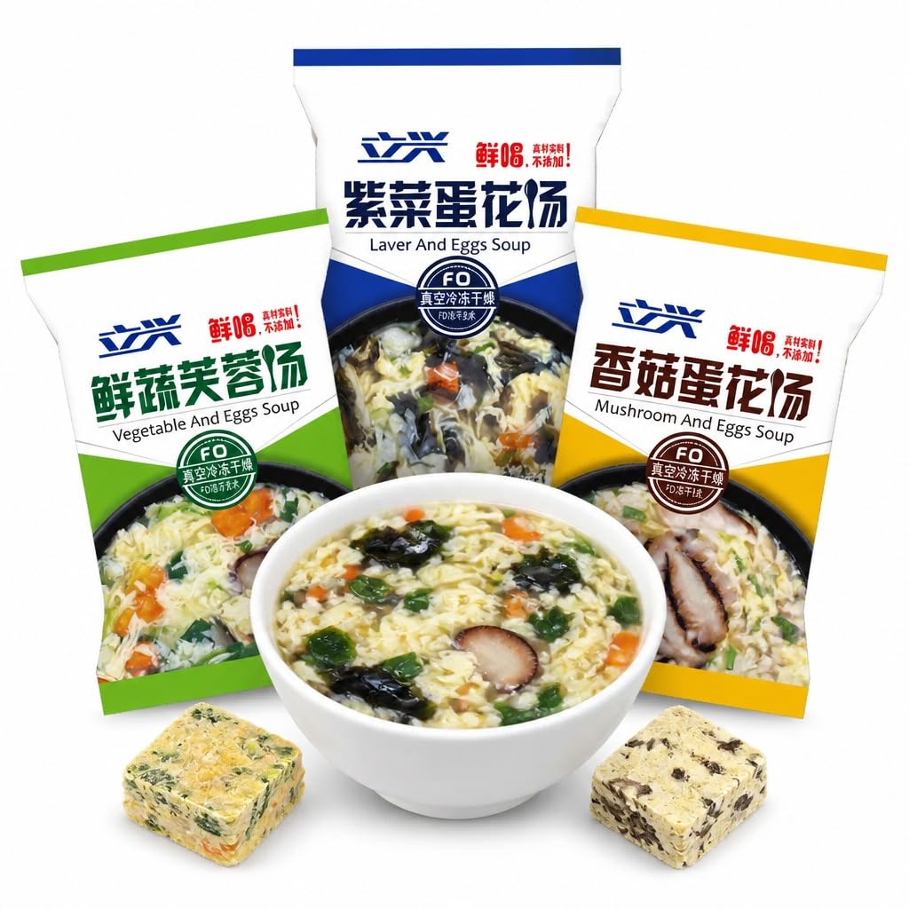 Paquete De 30 Mezclas Sopa Instantánea: Huevo Verduras, Algas Y Champiñones, Liofilizado, Fácil Preparación, 3 Sabores