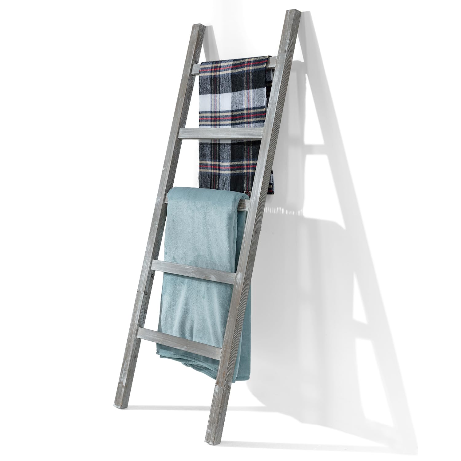 MyGift 54 inch Tall Fully Assembled Wood Blanket Ladder, 5-Tier Wall Leaning Towel Rack, No Assembly, Whitewashed