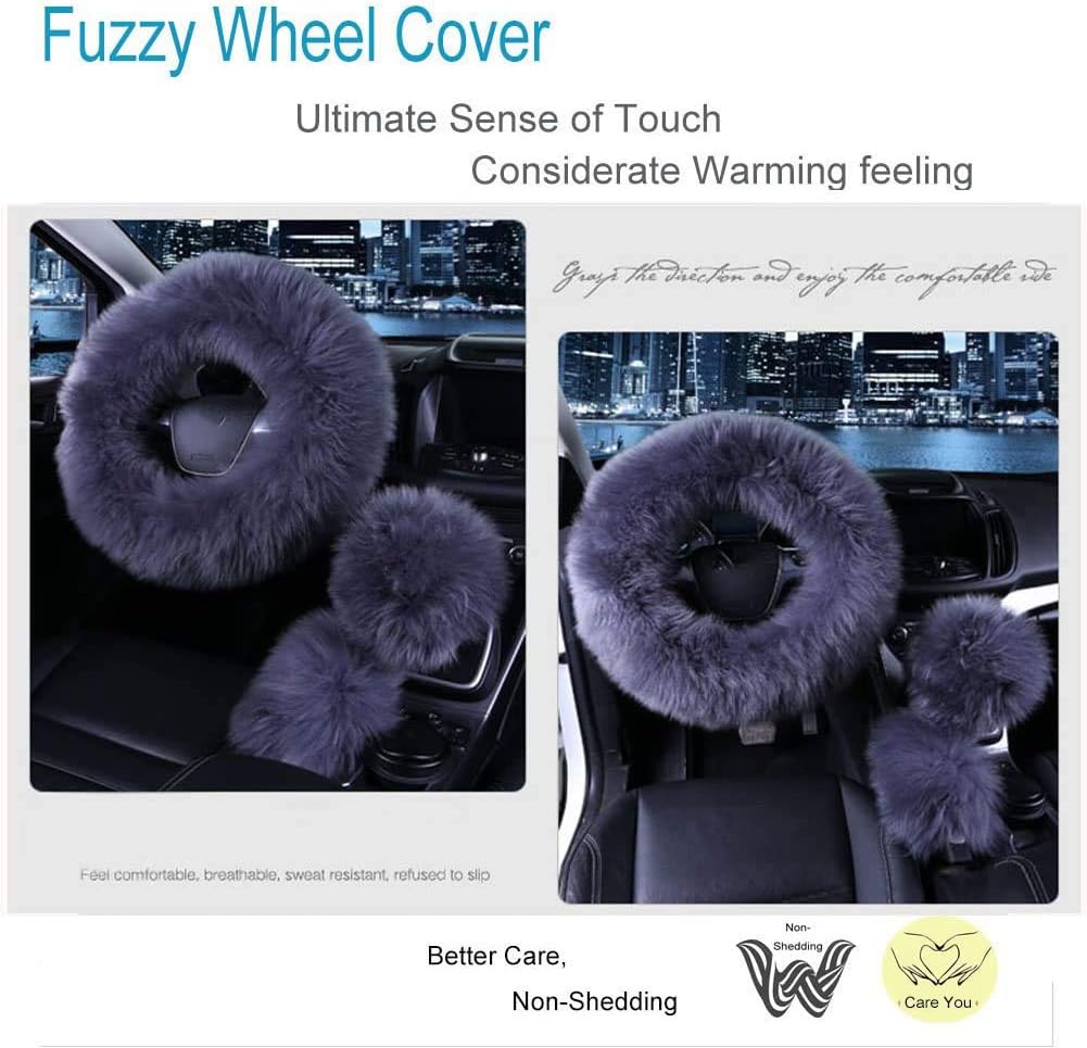 Car Steering Wheel Cover Gear Shift Handbrake Fuzzy Cover 1 Set 3 Pcs Multi-Colored with Winter Warm Pure Wool Fashion for Girl Women Ladies Universal Fit Most Car (Gray Blue)