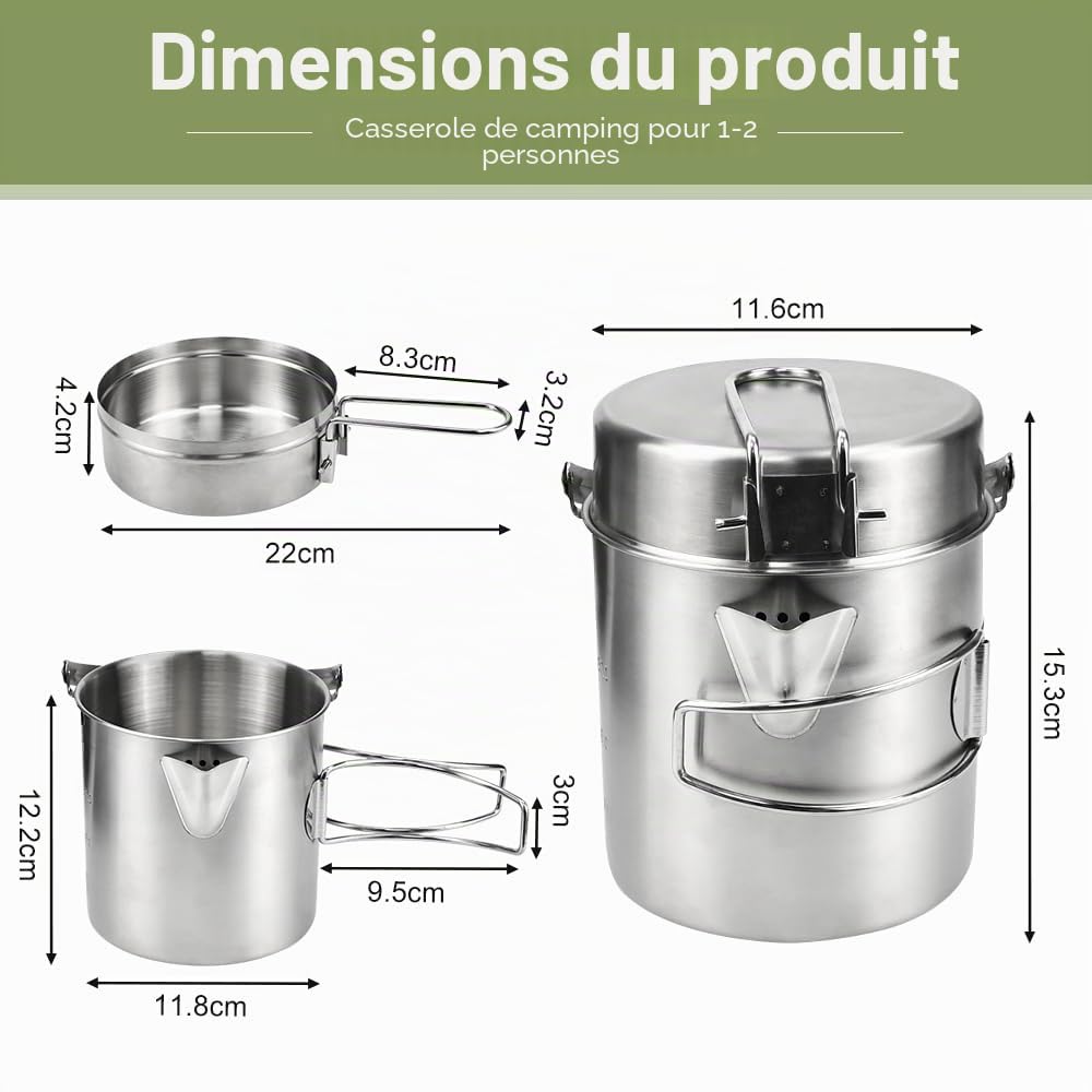 LANSKYLAN Casserole Camping 15.5x11cm, Popote Randonnée en Acier INOX, Popote Camping avec Poignée Pliable, Casserole de Randonnée 1-2 Personnes, Popote Bivouac Portable, pour Cuisson Pique-Nique