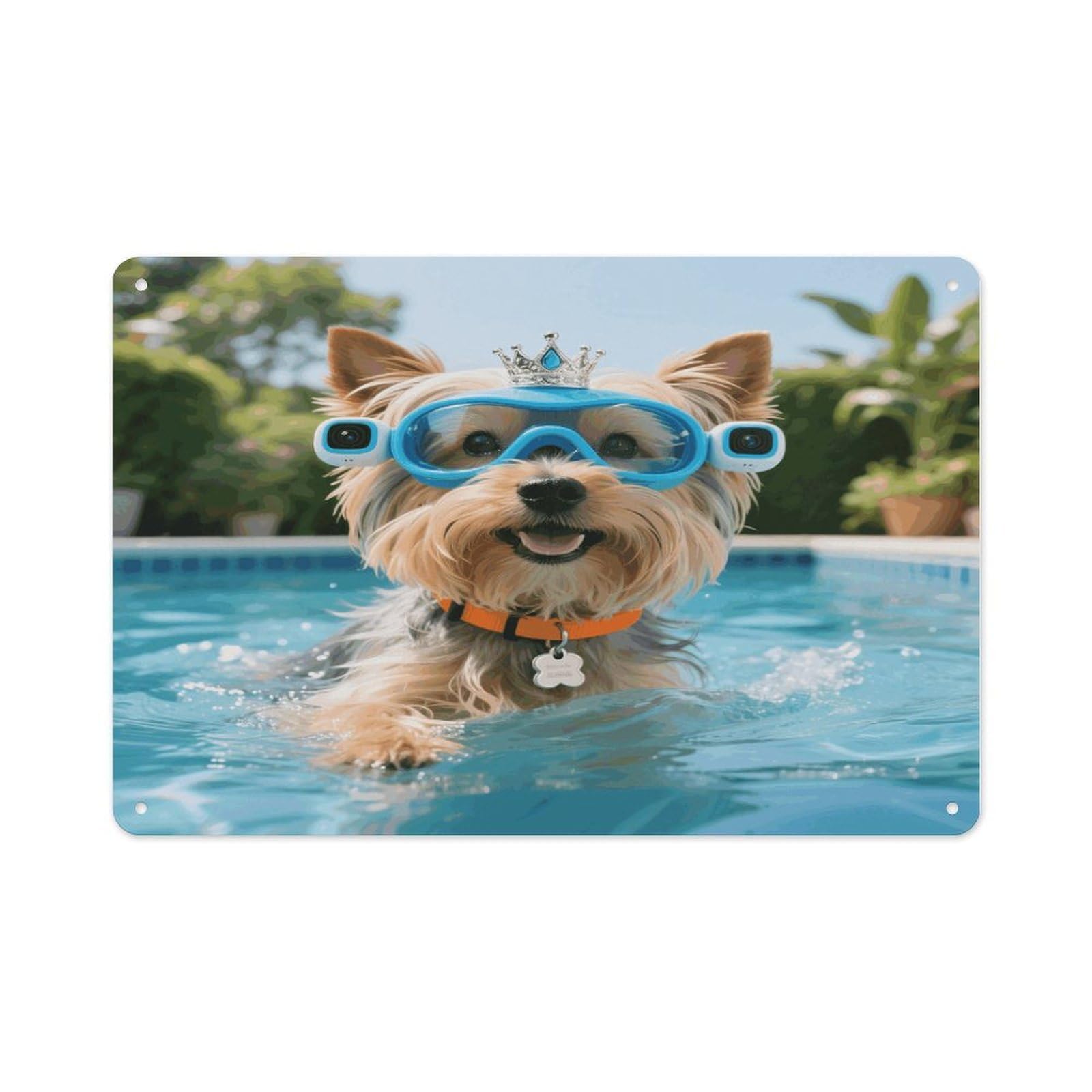 VstaDank Yorkshire Terrier in Pool Wall Art Prints Metal Sign Decor Painting Aluminum Wall Hanging Decor Vintage Poster Sublimation Picture Panel Weatherproof Art Decorative Wall Decors