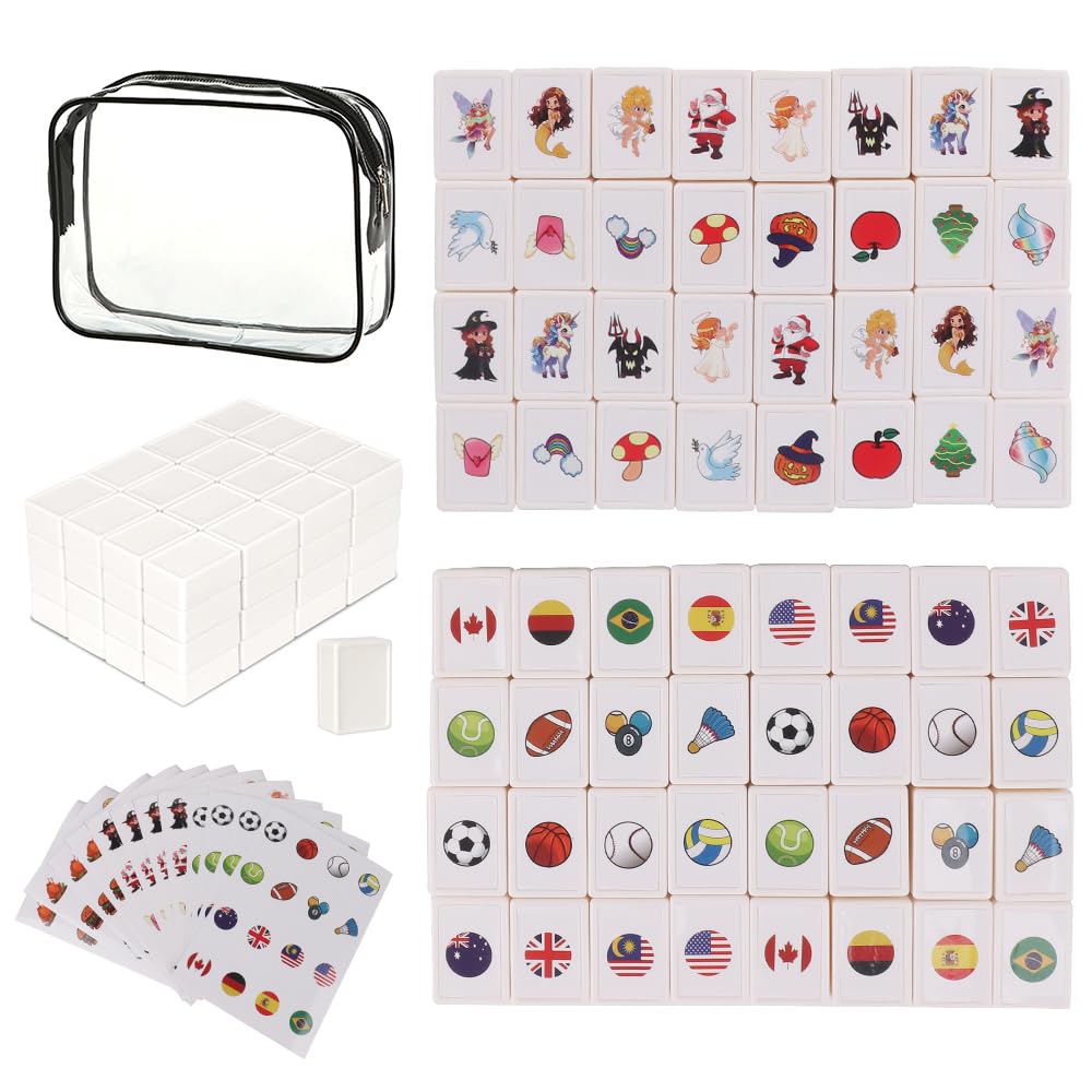 65 bloków Seaside Escape Spiel, 30 mm Escape klocki do gry, Mahjong z 3 zestawami naklejek, Wzor flagi narodowej, Mahjong, Mini mahjong, Zestaw dla rodziny podróżnej, Gra (B), 4+ lat