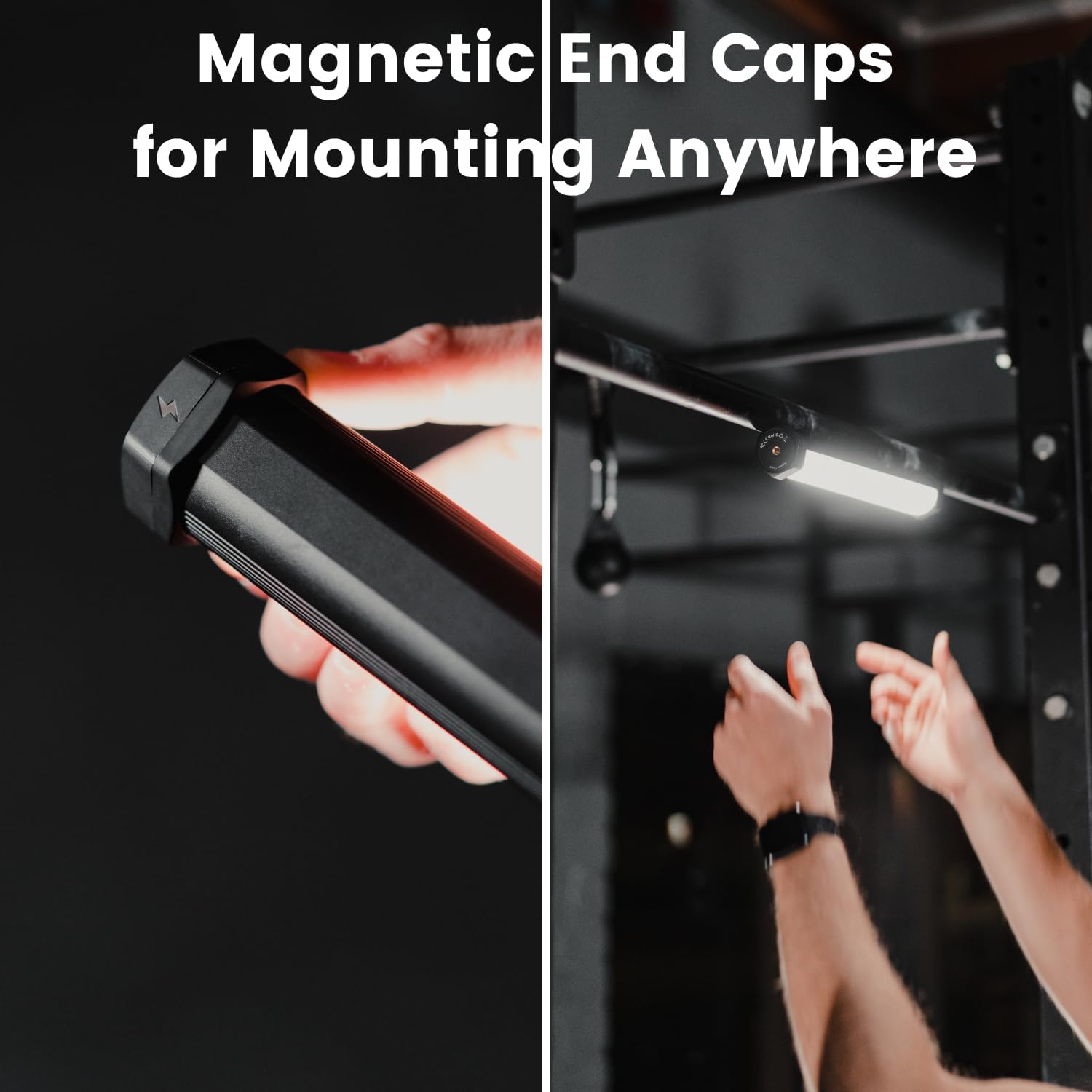 Close-up of the Lume Cube Tube Light Mini's magnetic end cap being attached to a metal surface.