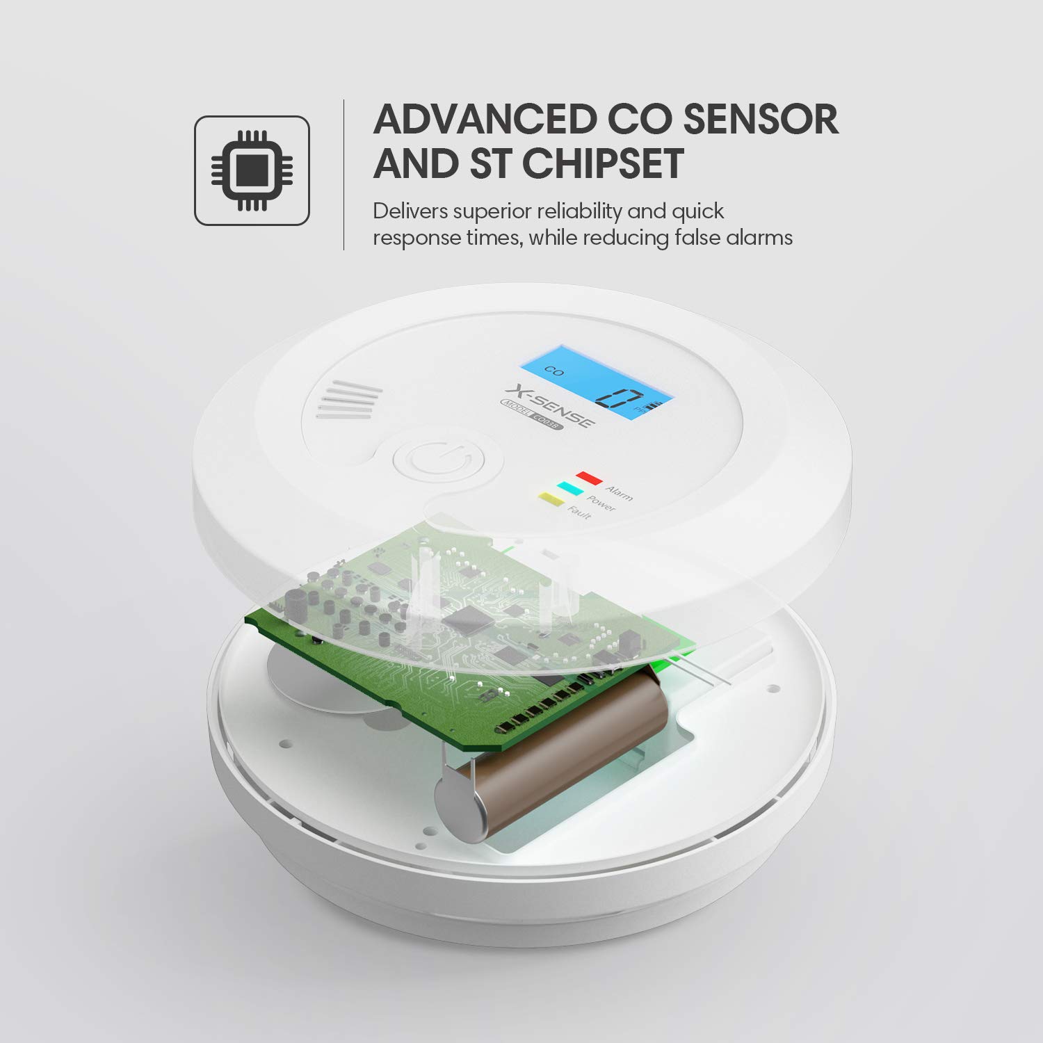 X-Sense Détecteur de Monoxyde de Carbone avec Batterie Échangeable et l'Écran LCD, Concentration de Monoxyde de Carbone avec Bouton de Test et Voyant d'état LED, CO03B