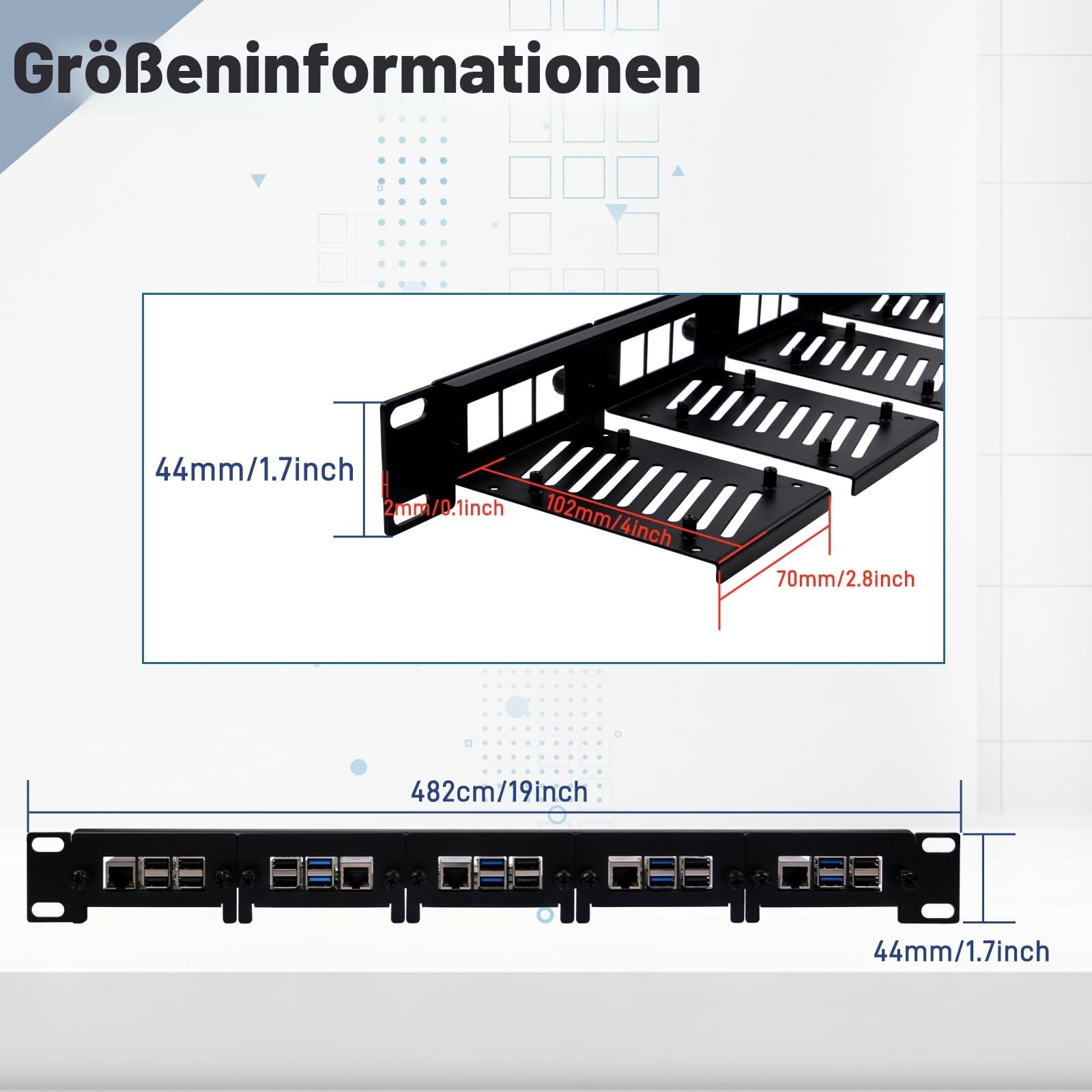 GeeekPi 19 Zoll 1U Rackmount für Raspberry Pi 5/4B/3B+/3B, mit abnehmbaren Fronthalterungen, kompatibel mit 19 Zoll Serverschränken