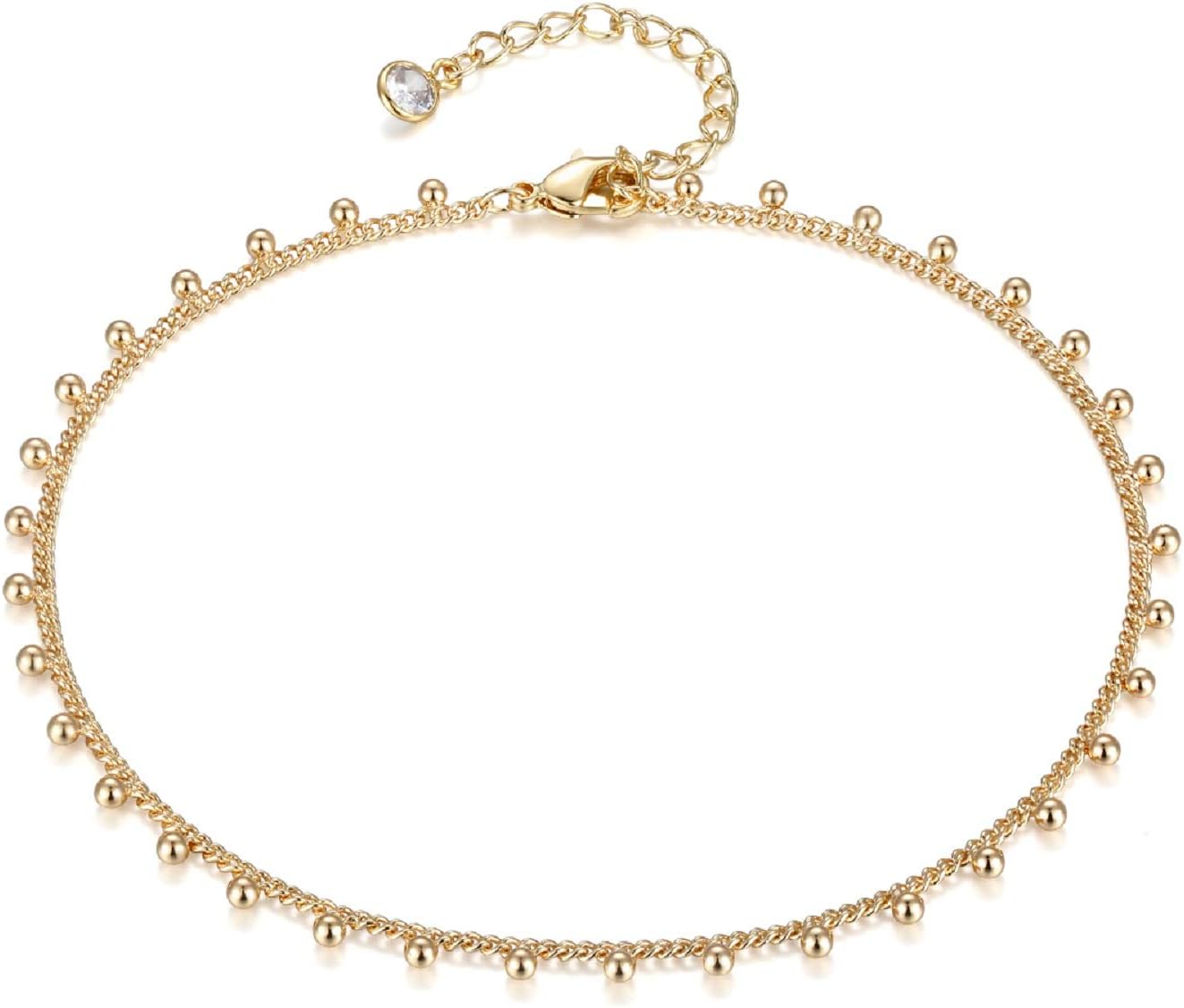 LOYATADainty Ankle Bracelet,14K Gold Plated Tiny Bead Anklet Dainty White Cubic Zirconia Cross Tassel Foot Chain Cute Lucky Moon Evil Eye Foot Jewelry Boho Anklets for Women, 8 3 inch, Metal, Cubic