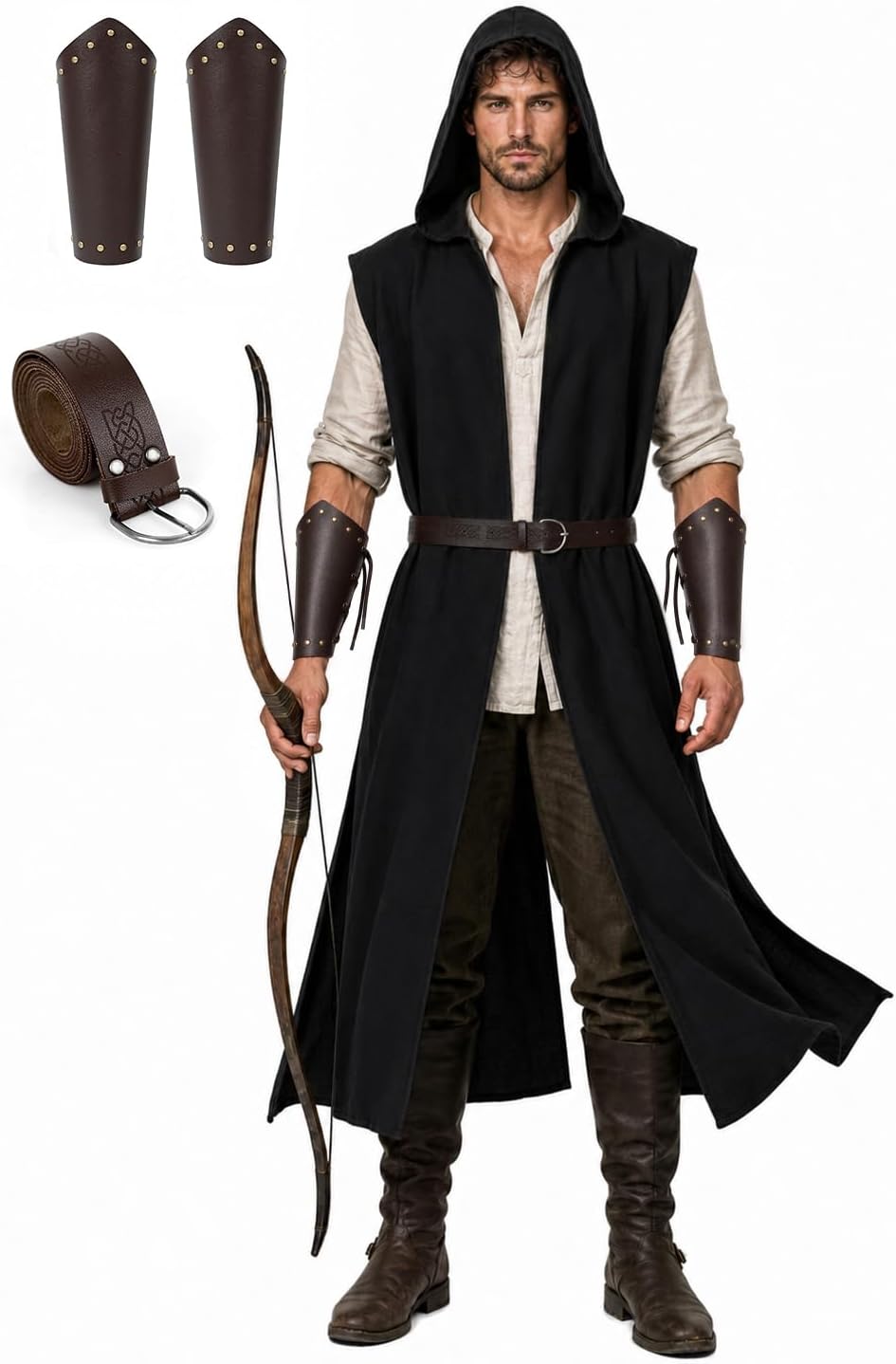 UQJE Mens Medieval Hooded Sleeveless Surcoat Faux Linen