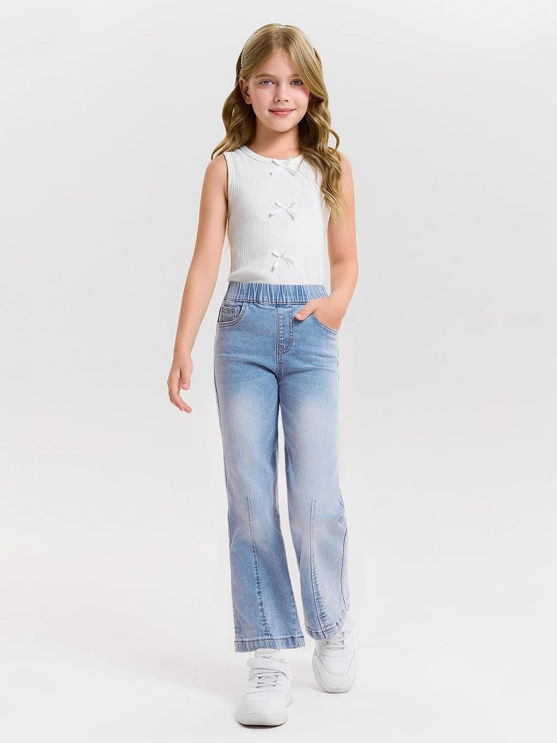 Haloumoning Girls Wide Leg Jeans Kids Elastic Waist Pull On Stretchy Baggy Denim Pants with Pockets 5-14 Years - Image 5