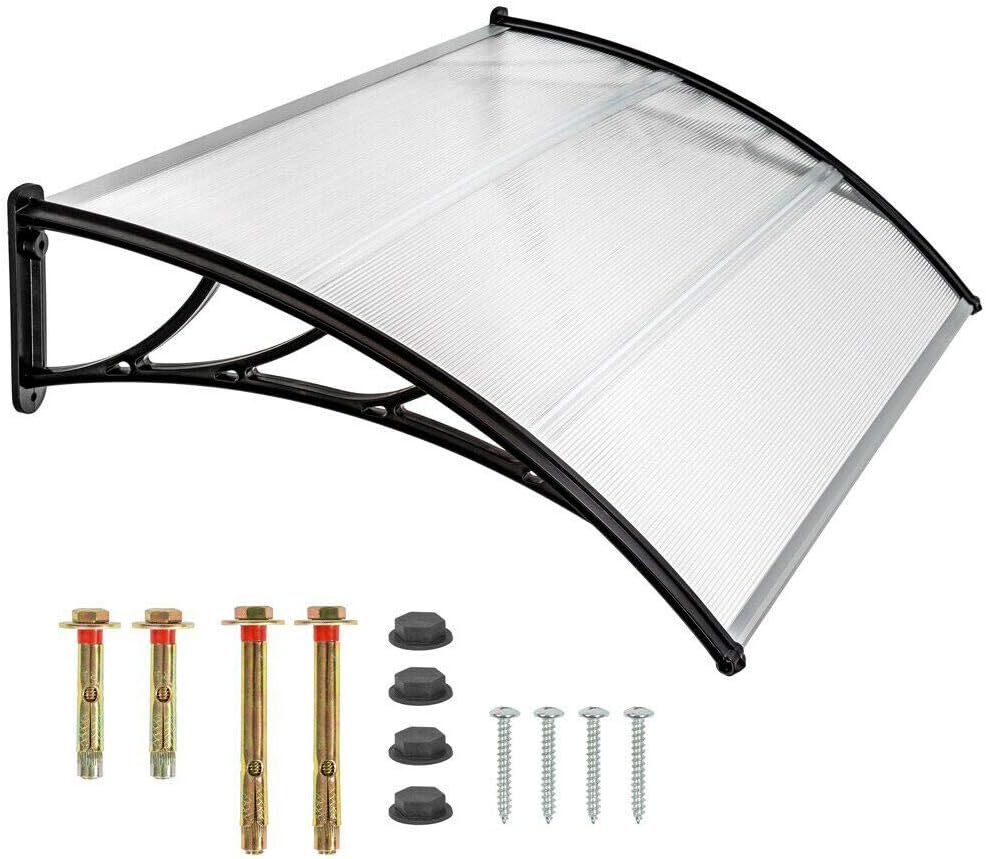 Marquesina para puerta de casa, tejado de policarbonato transparente de 5 mm de grosor, soporte ABS, techo de puerta para exterior, toldo, alero para arco de dos hojas, pinza negra (150 cm de ancho)