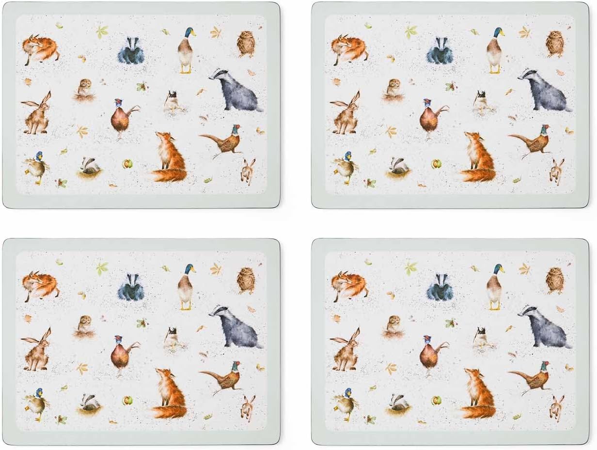 Pimpernel Wrendale Designs Large Placemats, Set of 4 - Durable Cork-Backed Board Table Mats, British Countryside Animal Illustrations - Heat Resistant Dining Decor - 15.8" x 11.7"