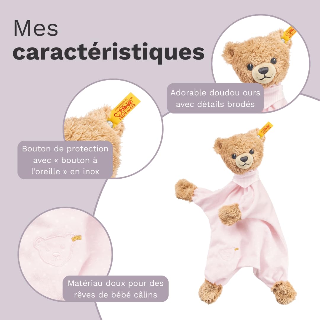 Steiff Peluche Ours Dors Bien Doudou, Adorable Compagnon, Garçons, Filles et bébés dès 0 Mois, 30 cm, Rose, 239533