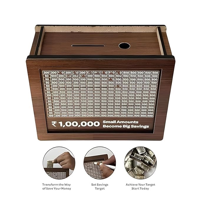 Image of ART MAGIC Money Saving Box for Adult 100000 -Money Box, Wooden Money Saving Box,1 Lakh Money Saving Box,Money Collecting Box Adults Kids, Small Amount Big Storage 100000 Savings Money Box,Challenge