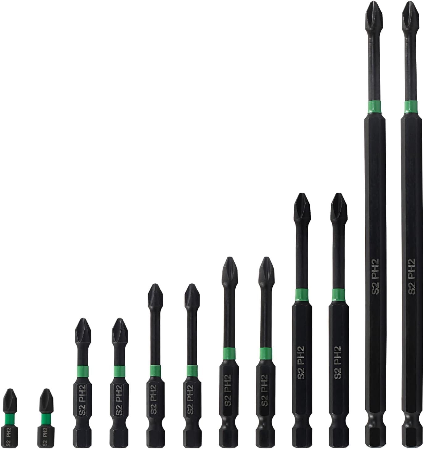 IboXqPhillips Impact Driver Bit Set, 12pcs 1/4 Inch Hex Shank Impact Tough Phillips PH2 Steel Magnetic Phillips Bit for Impact Driver Power Tool, Green, 25-150mm