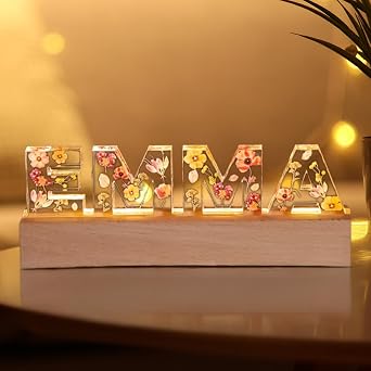 Custom Night Light Personalized Dried Flower Night Light with Name Light-Up Letters, Birthday and Valentines Day Personalized Gifts for Women, Wives, and Mothers