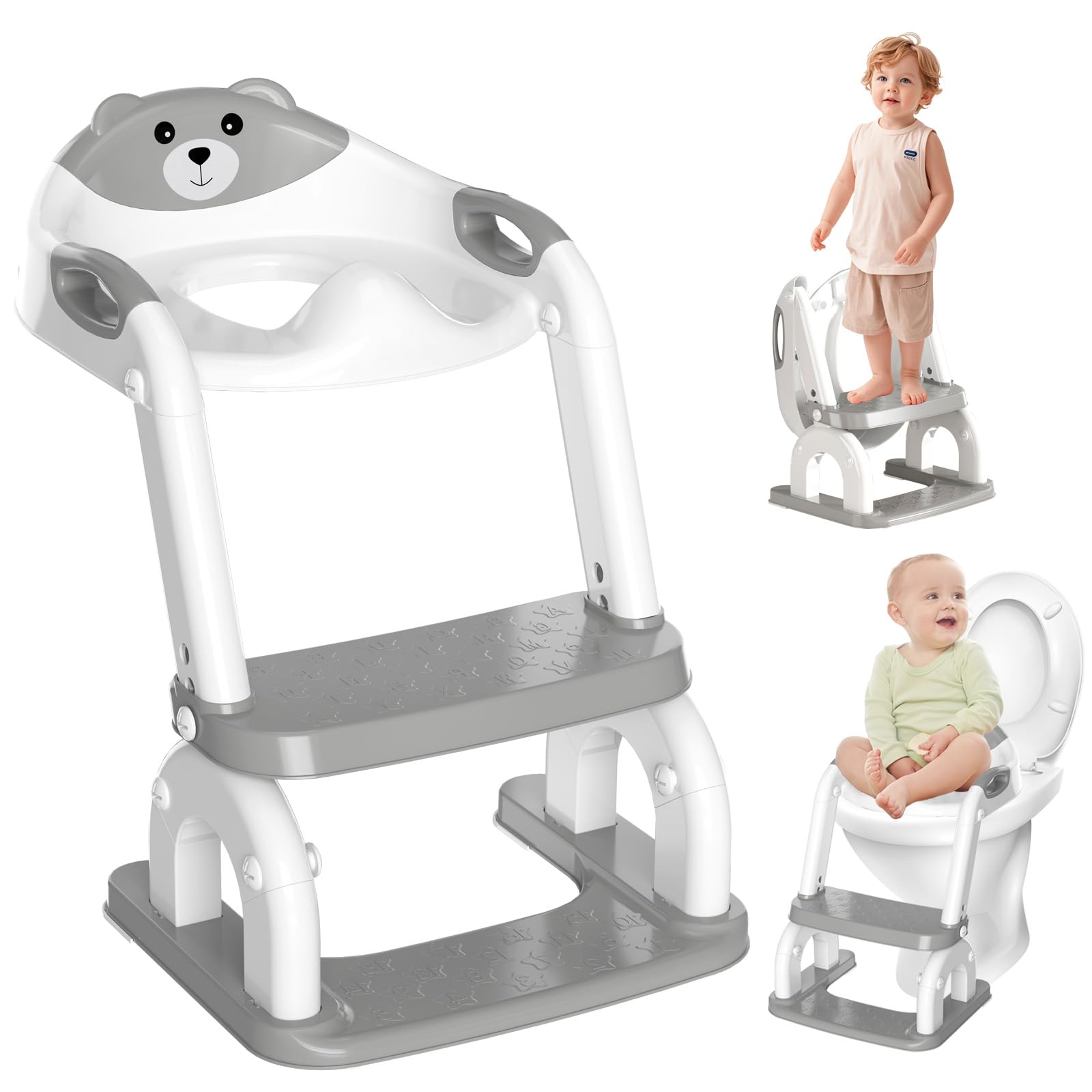 Asiento de inodoro infantil con Escalera，2 en 1 Ajustable y Plegable, Adaptador de baño infantil con cojín Acolchado Adaptable a Inodoros V/U/O (Gris)