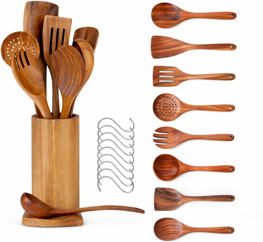 10-Piece Wooden Utensil Set with Holder, Spoon Rest & Hooks – Durable Non Toxic Cooking Utensils - Wooden Spoons for Cooking, Ideal Kitchen Utensil Set for Cooking Enthusiasts & House Warming