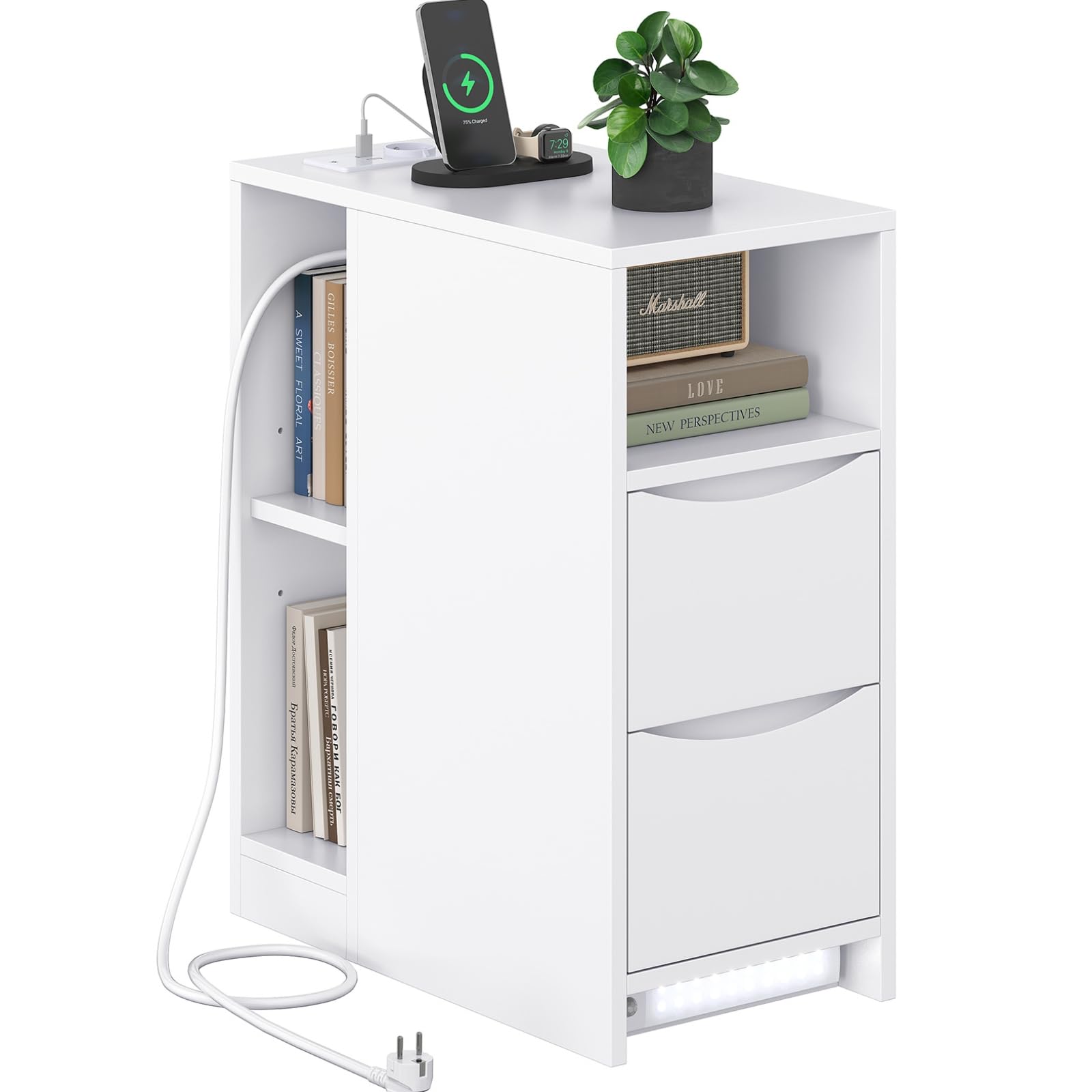 Brinlawb Nachttisch Schmal mit Ladefunktion und LED-Beleuchtung, Nachtschrank mit 3 offenen Fächern, 2 Schubladen Beistelltisch Schmal Sofatisch für Wohnzimmer, Schlafzimmer, Perfekt für kleine Ecke