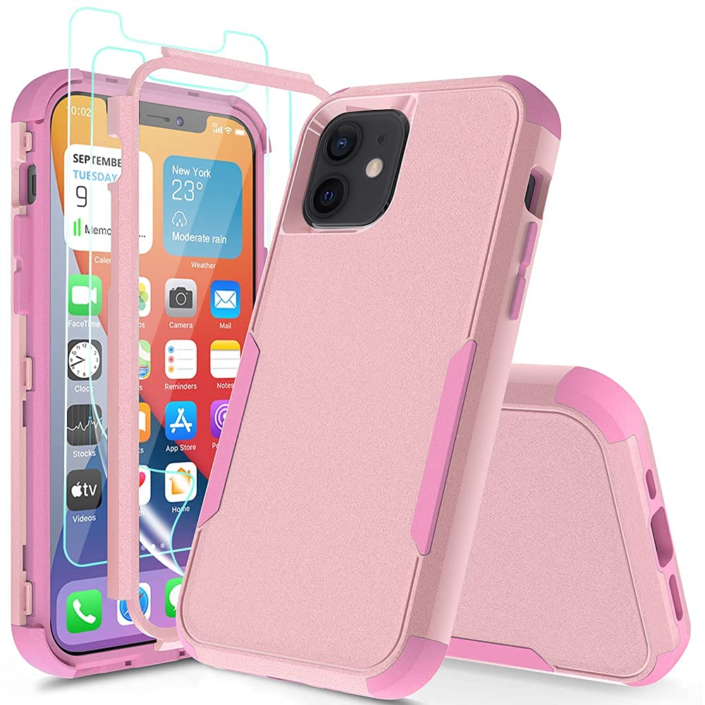 KEWEK Case for iPhone 12 & iPhone 12 Pro,with Screen Protectors, Heavy Duty Rugged Shockproof Military Grade Anti Scratch Full Body Protection Defender Case for iPhone 12 & iPhone 12 Pro (Pink)