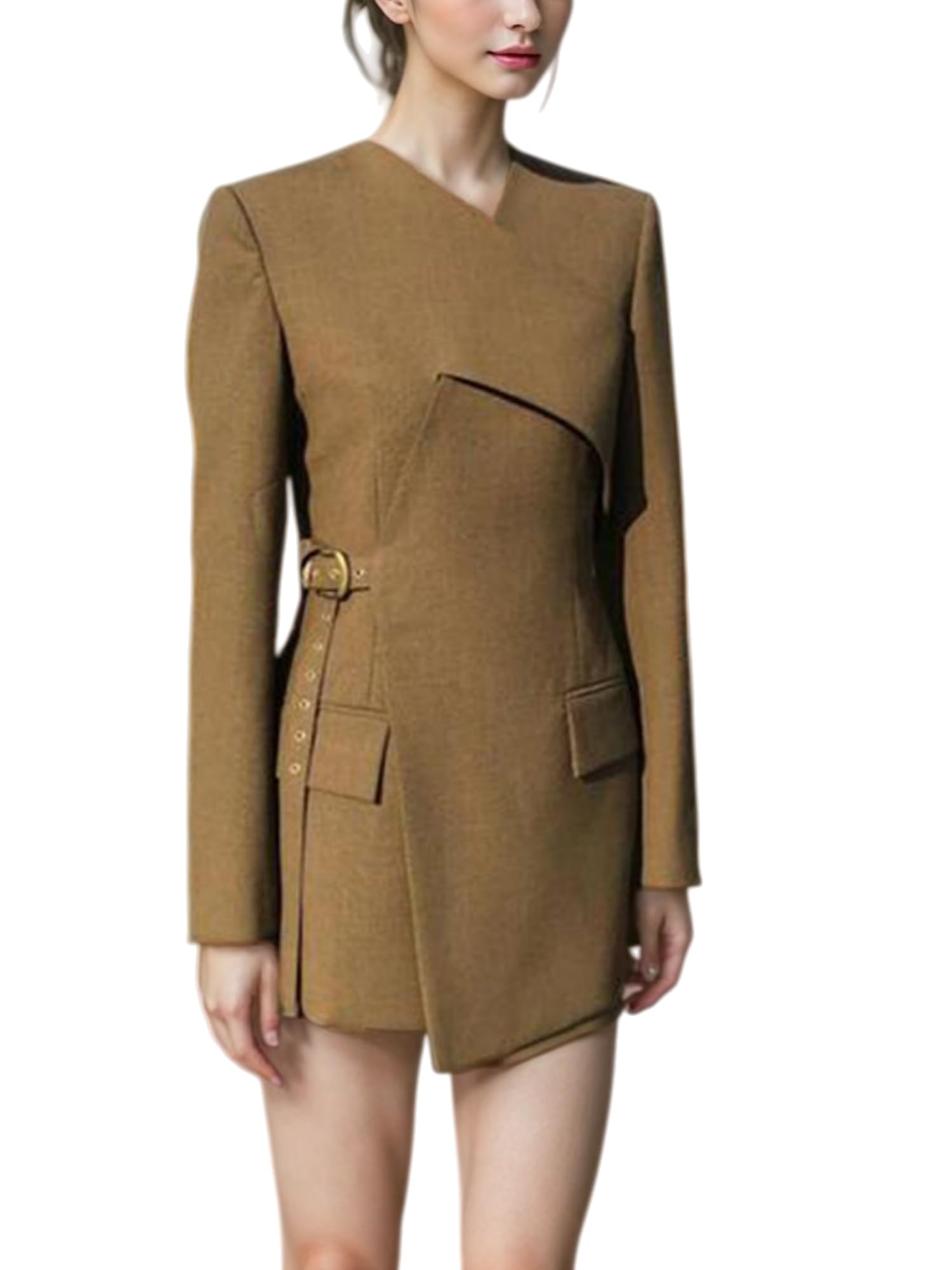 Womens Asymmetric Blazer with Adjustable Waist Belt Trendy Office Casual Jacket Outerwear