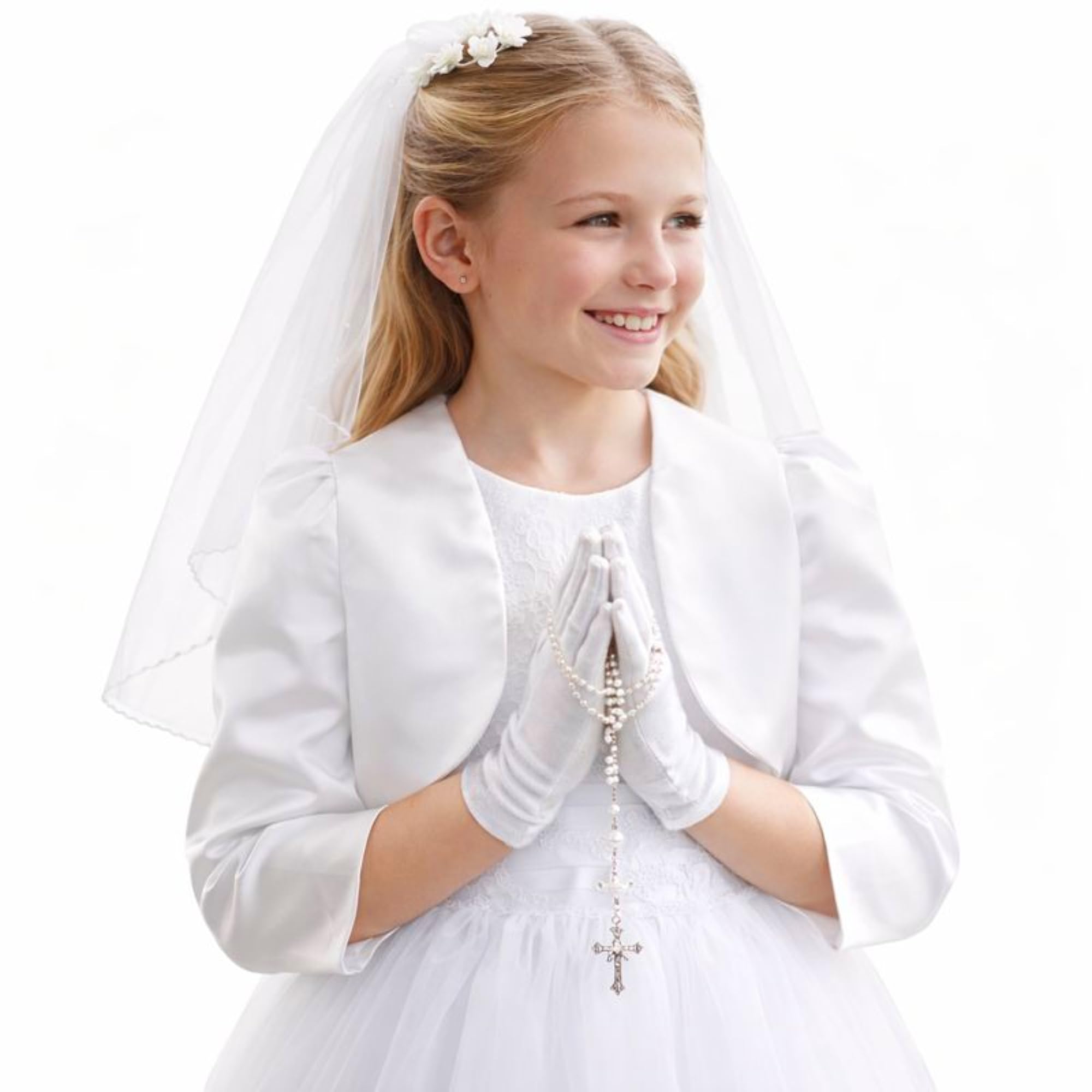 Girls White Satin Jacket – Elegant Long Sleeve Occasion Jacket for Holy Communion, Flower Girl & Special Occasions (UK, Age, 5 Years, 6 Years, Regular, Off White)