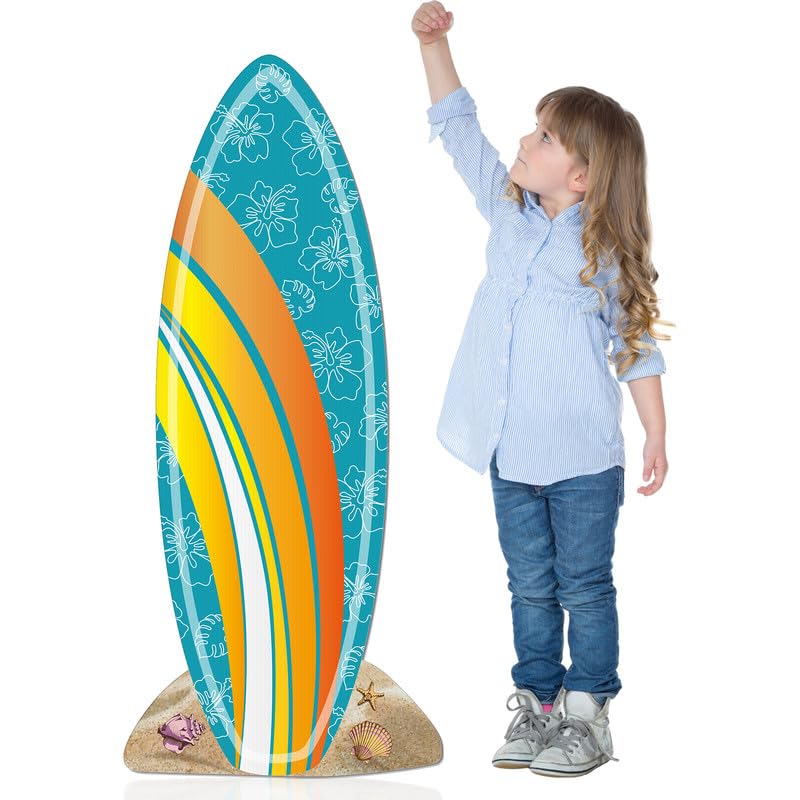 Geelin 47" H Surfboard Cardboard Cutout Stand up Summer Surfboard Party Decoration Hibiscus Pattern Tropical Outdoor Decoration Life Size Photo Prop