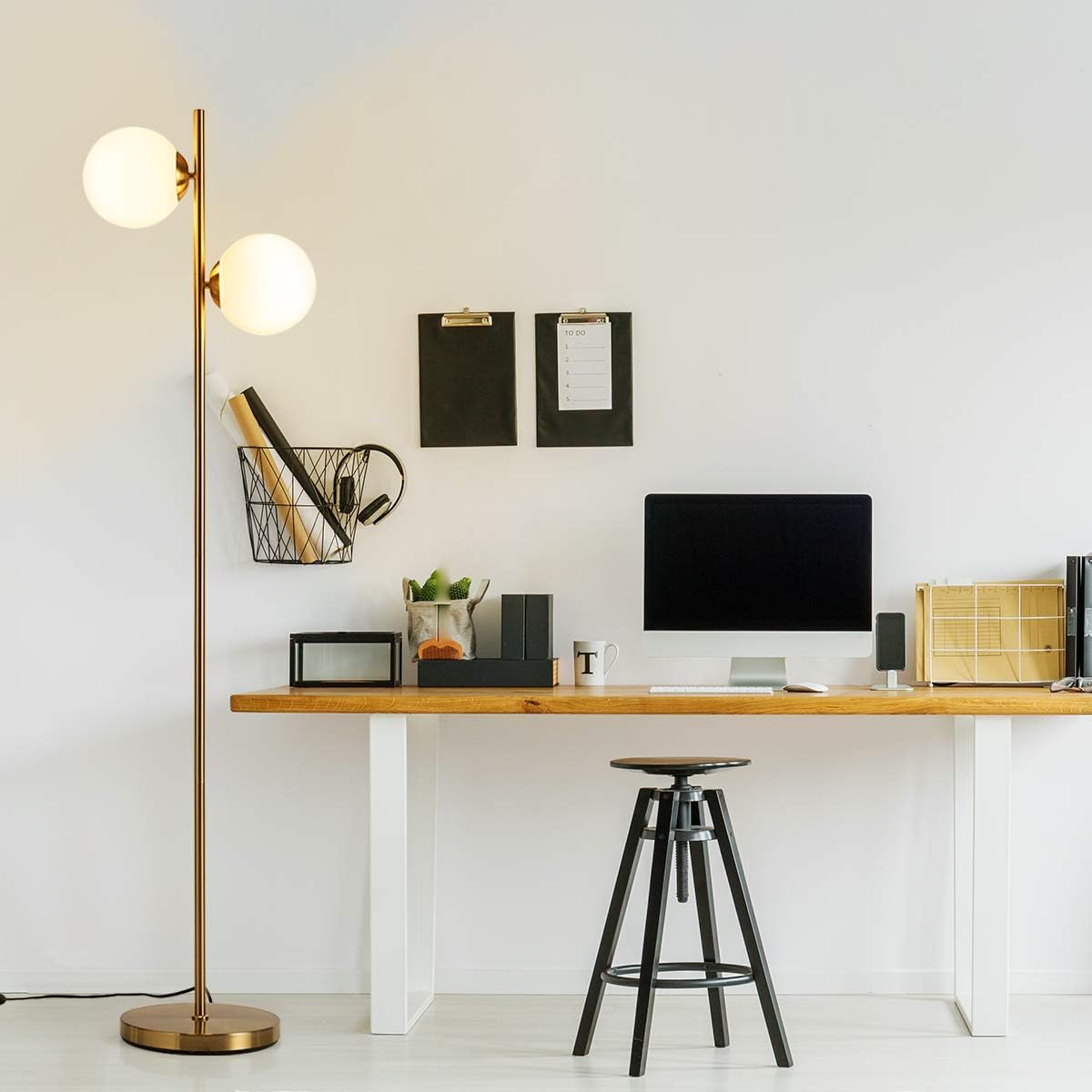 Elegant Brass Triple-Head Torchiere Floor Lamp with Glass Shades